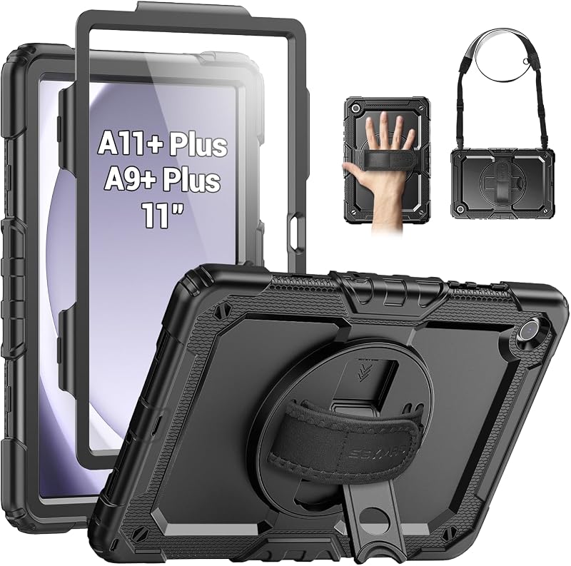 SEYMAC Case for Samsung Galaxy Tab A11+/A9+ Plus 11", Black | Heavy Duty Shockproof Protective, 360° Rotating Stand, Built-in Screen Protector, Hand/Shoulder Strap