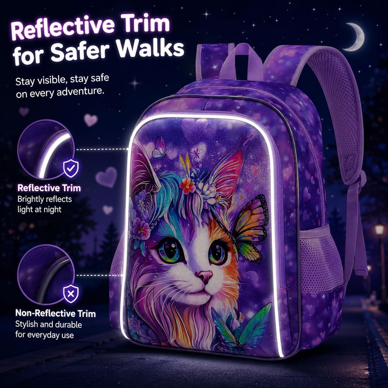 3Pcs Cat Backpack for Girls, 16" School Bookbag Set with Lunch Box，Kids Backpacks for Elementary Preschool Kindergarten (Purple) image 3