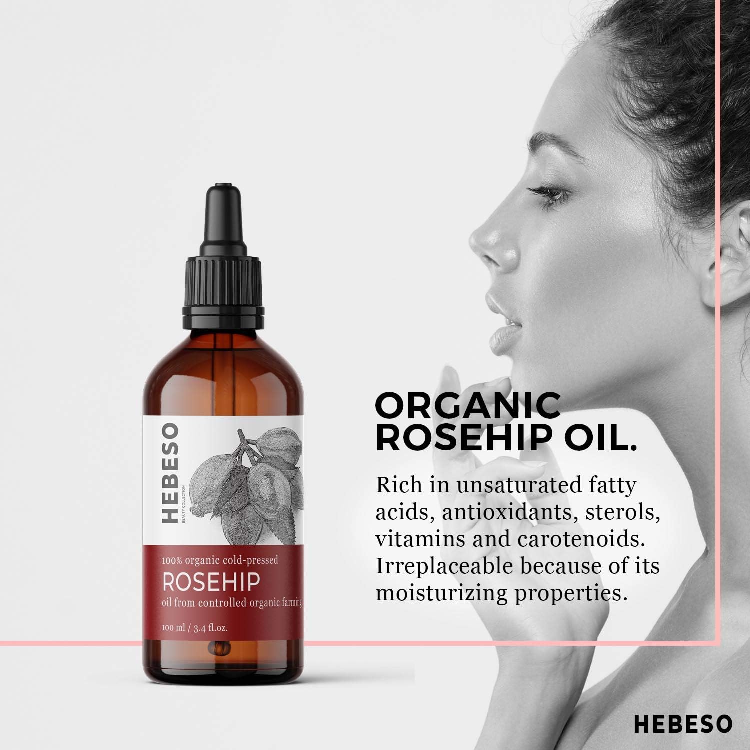 HEBESO, Rosehip oil 100%, cold pressed, 100ml, Rosehip oil with anti-aging effect and vitamin A, B, C, E, Face oil - Image 4