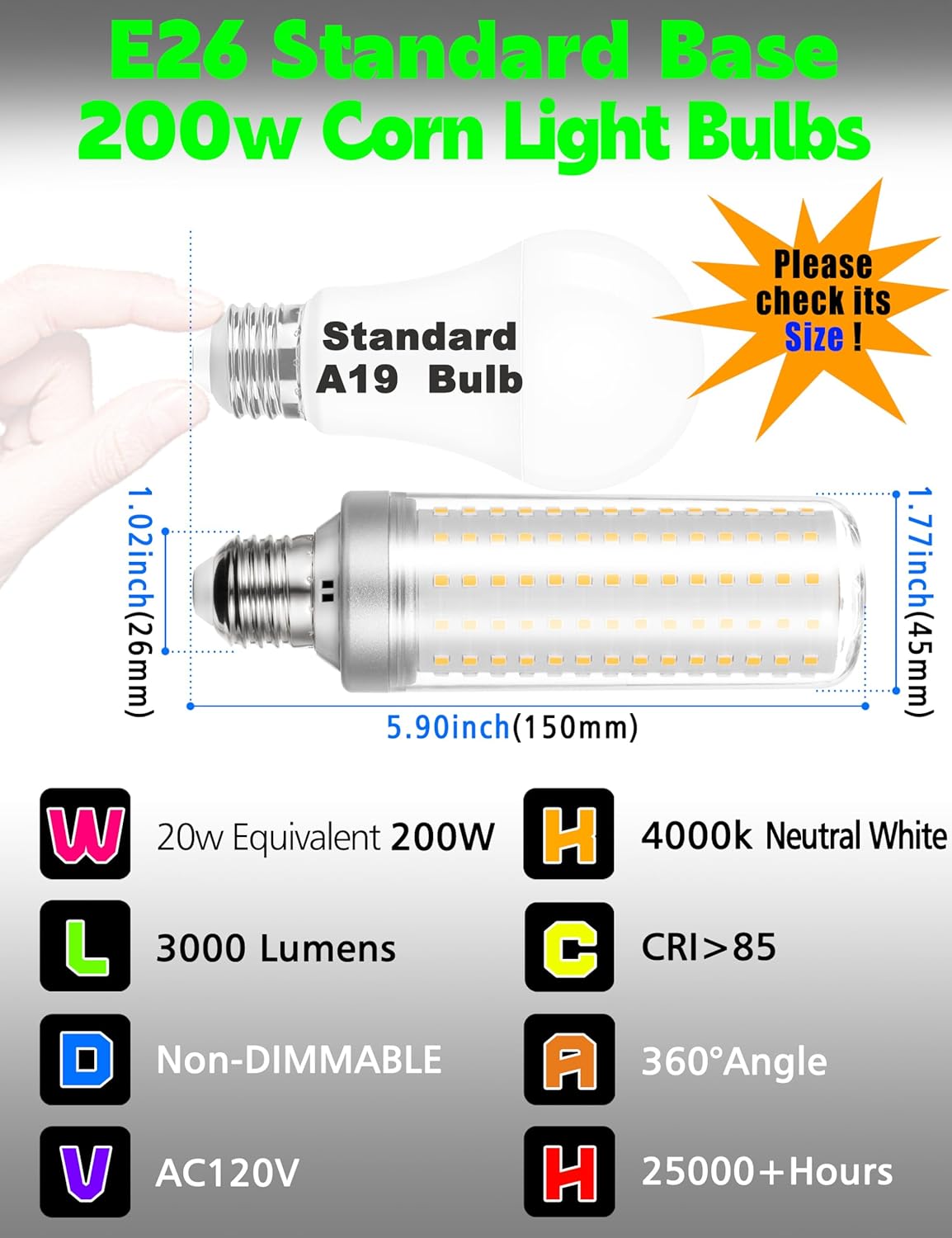 Big Size: 1.77x 5.90inches E26 200W Equivalent LED Corn Light Bulb, Non-Dimmable, 3000lm 4000K 20W Natural White Bright, E26/E27 Base for Candelabra Chandelier Ceiling Fan Table Lamps, 1 Pack