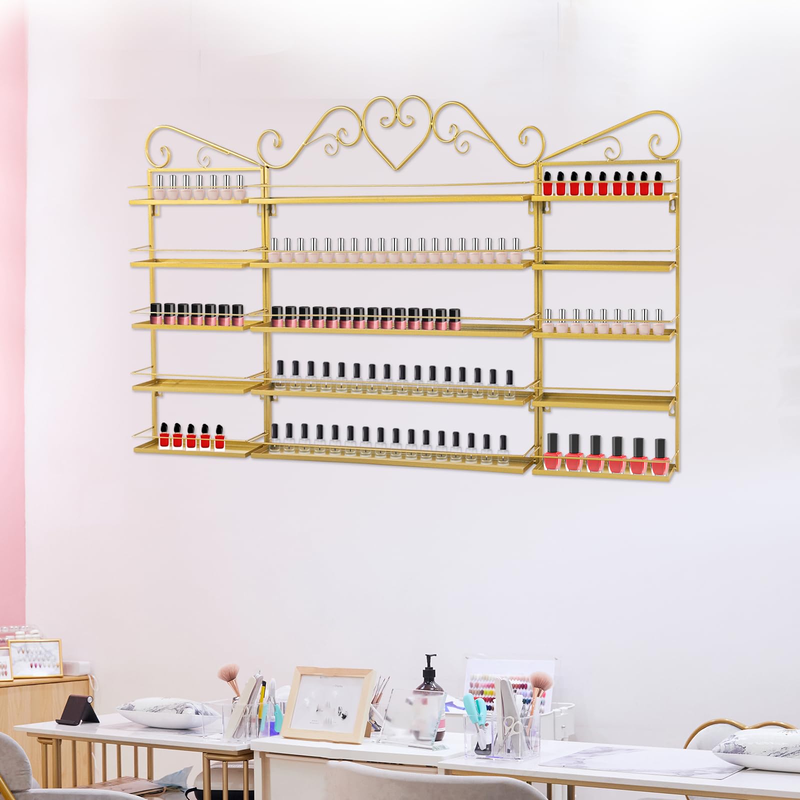 5 Tiers Display Rack,Wall-Mounted Nail Polish Storage Racks, Metal Nail Polish Racks,Mensola da parete, Supporto per rossetto per case,Saloni di manicure, Spas, negozi (Oro)