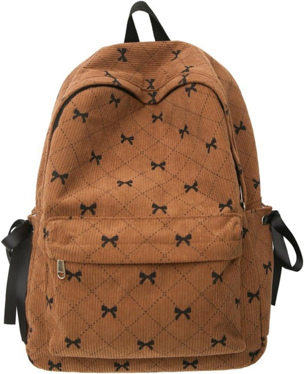 Cute Bow Print Corduroy Backpack for Women College Preppy Kawaii Coquette Laptop Book Bag Korean Aesthetic Daypack (White)