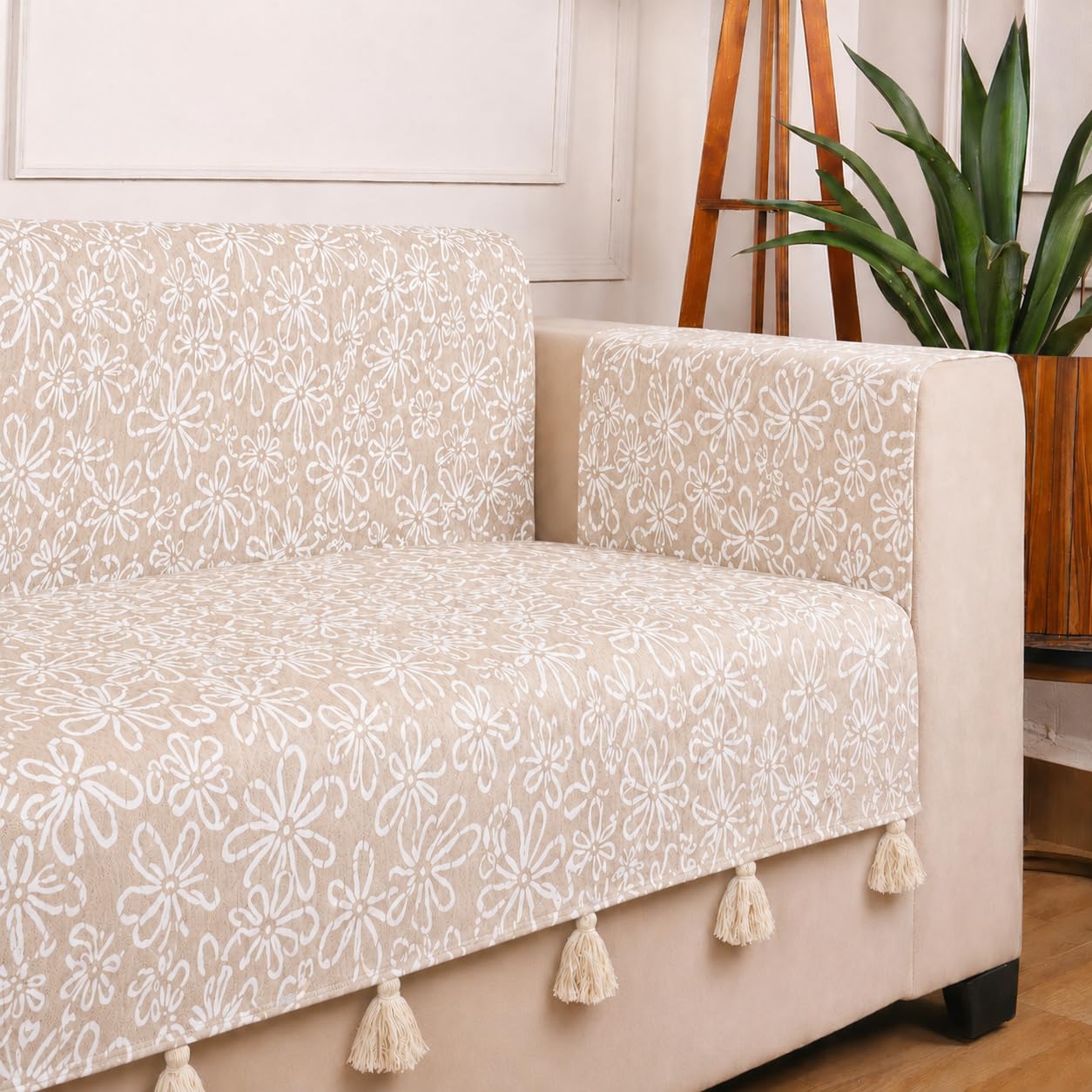 STITCHNEST 'Verdant Phool Stories' 3 Seater Sofa Cover | Full Coverage with Armrest Pockets | Elegant Jacquard Fabric, Decorative Tassels, Washable & Durable for Modern Living