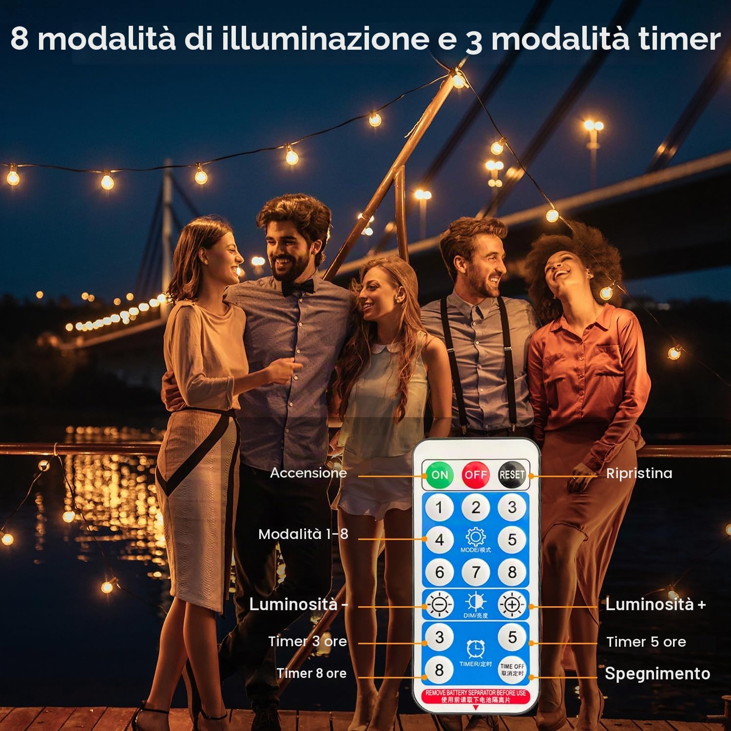 GreHom Catena Luminosa Esterno, 25+1 G40 LED, 15M/50FT, IP65 Impermeabile Luci da Esterno Giardino, USB o Carico Luci Solari Esterno, 8 Modalità, Decorazioni Giardino, Festa, Matrimoni, Gazebo