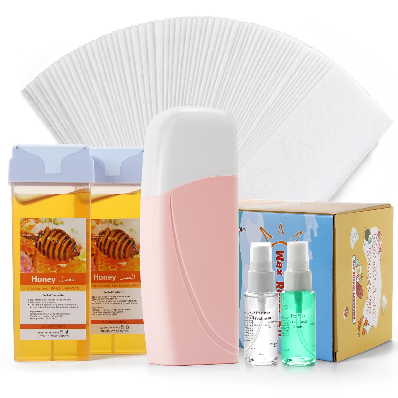 Roll On Wax Kit, Waxing Kit Roll On, Roll On Wax, Waxing kit for Women Hair Removal, Beth lee Soft Honey Wax Roller Cartridge Refill & 100 pcs Wax Strips Wax Kit for Roll On Wax Warmer Suitable for Arms,Legs