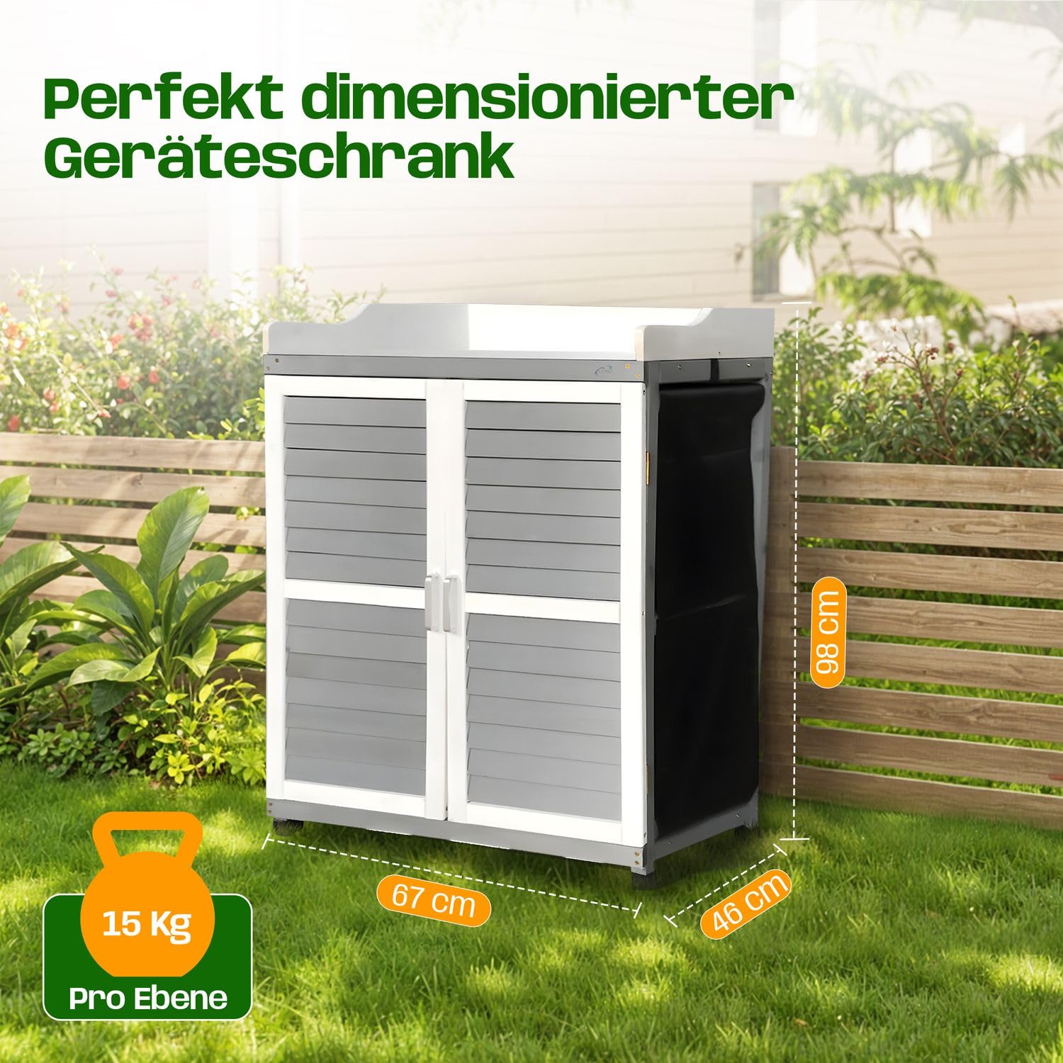 Gartenschrank Lola Grau 67x46x98 cm - Pflanztisch mit Stauraum, Geräteschrank mit verzinkter Arbeitsplatte, aufrollbare Wände, 1 Einlegeboden, Flexibler Schrank für Garten, Balkon & Terrasse