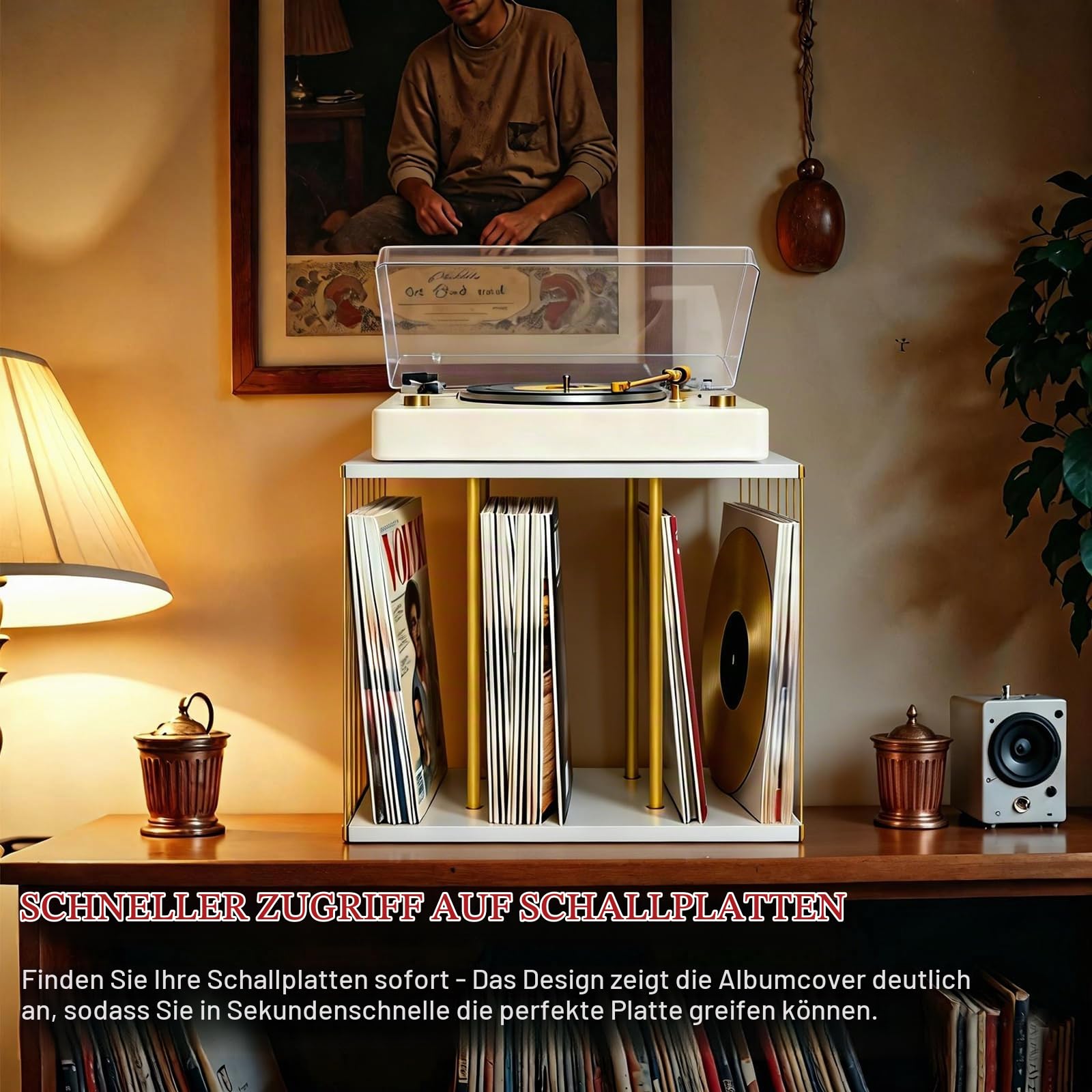Schallplatten Aufbewahrung, Schallplattenständer für 80-100 LPs, Holz & Metall Vinyl Schallplatten Halter Organizer für Bücher, Fotoalben, Zeitschriften