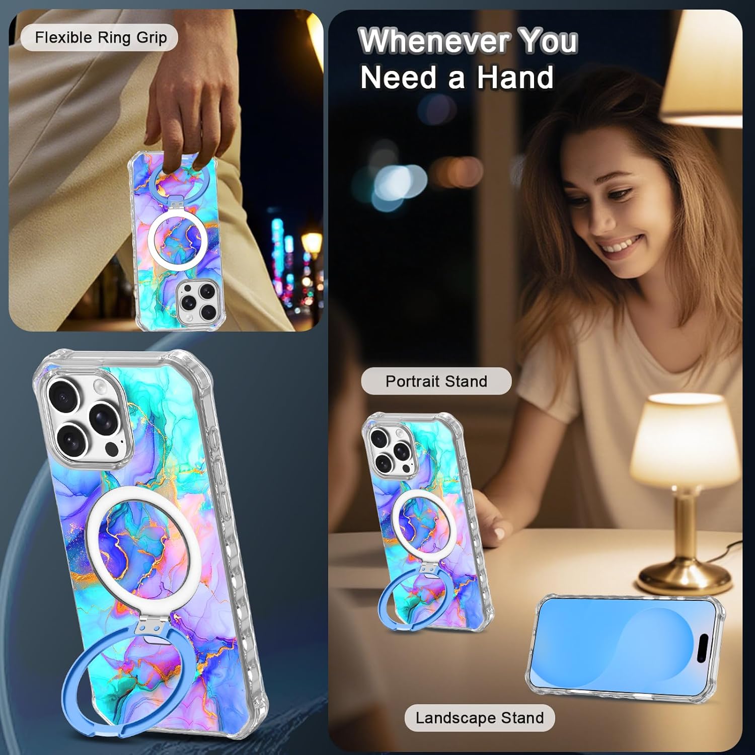for iPhone 16 Pro Max Case,[Compatible with MagSafe] [Invisible Magnetic Ring Stand],Slim Matte Wavy Frame Women Girls Case for Apple iPhone 16 Pro Max 6.9" (2024),All Blue Marble