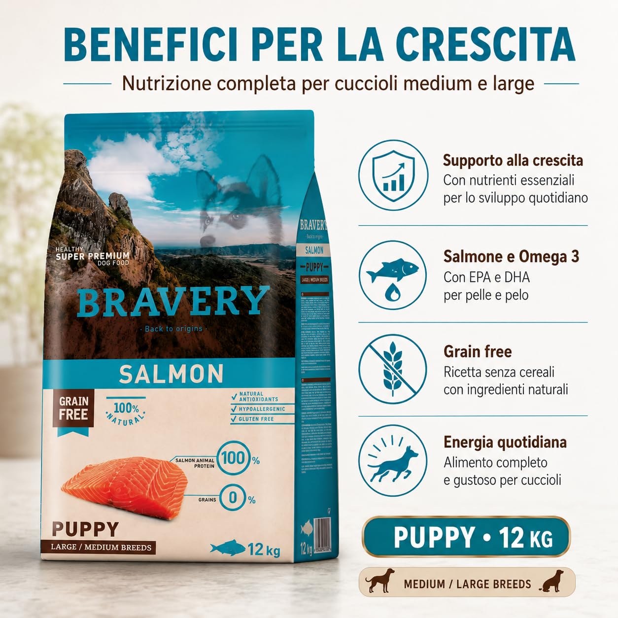 Bravery Puppy Crocchette Cane Cucciolo Medium Large 12 kg con Salmone, Mangime Secco Grain Free per Cuccioli Taglia Media e Grande, Alimento Naturale per Crescita