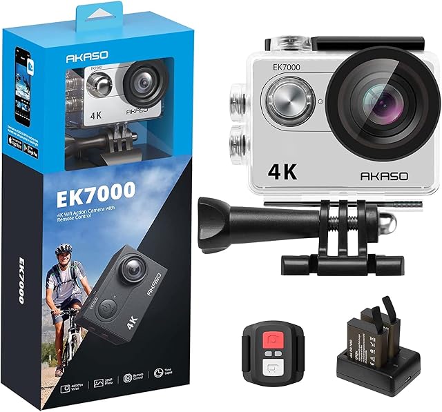 AKASO EK7000 4K30FPS Action Camera - 20MP Ultra HD Underwater Camera 170 Degree Wide Angle 98FT Waterproof Camera with Accessory Kit - Silver