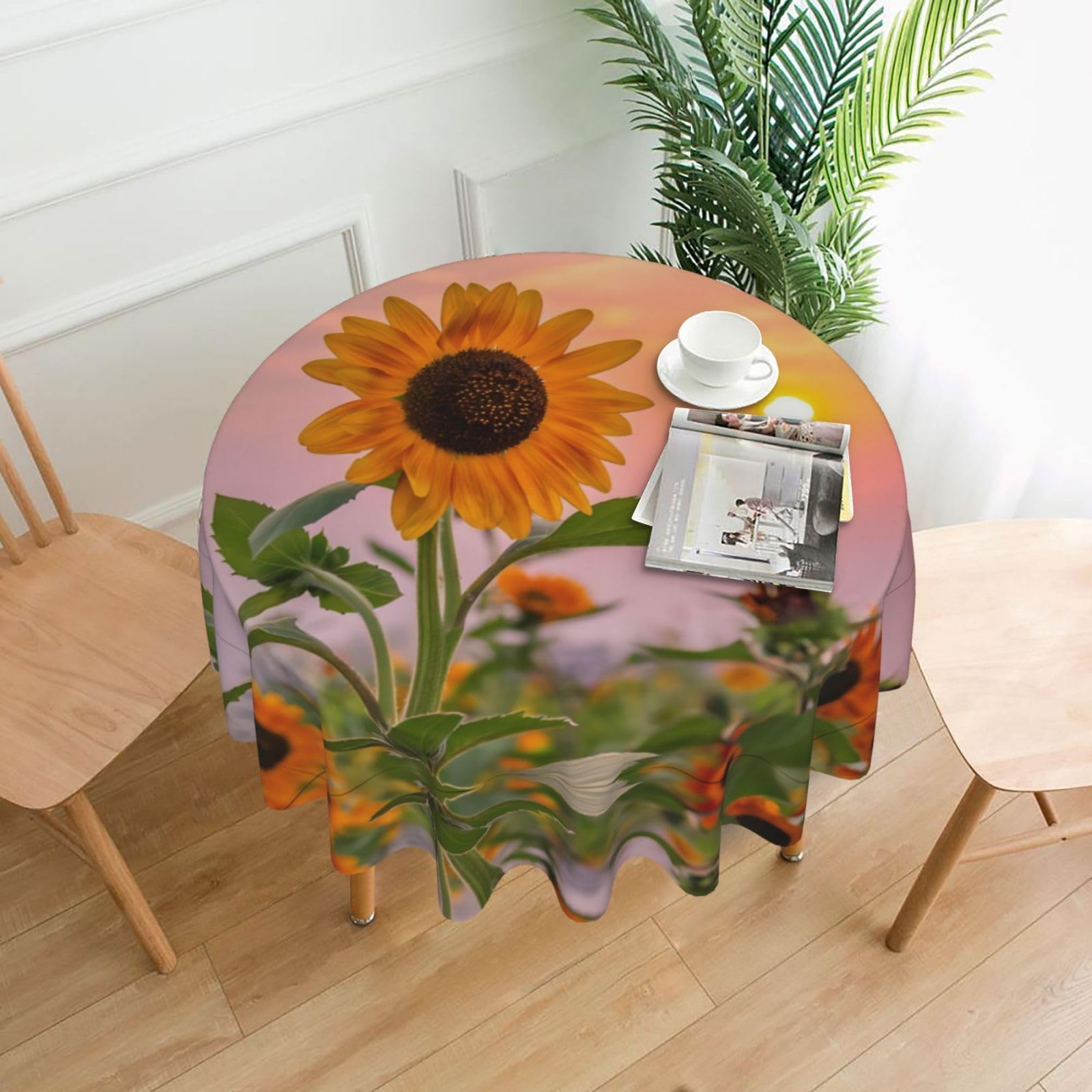 HLSBSSL Sunflower with sunset Printed round decorative tablecloth, 60 inches, suitable for various tables in the living room, dining room, coffee table, etc.
