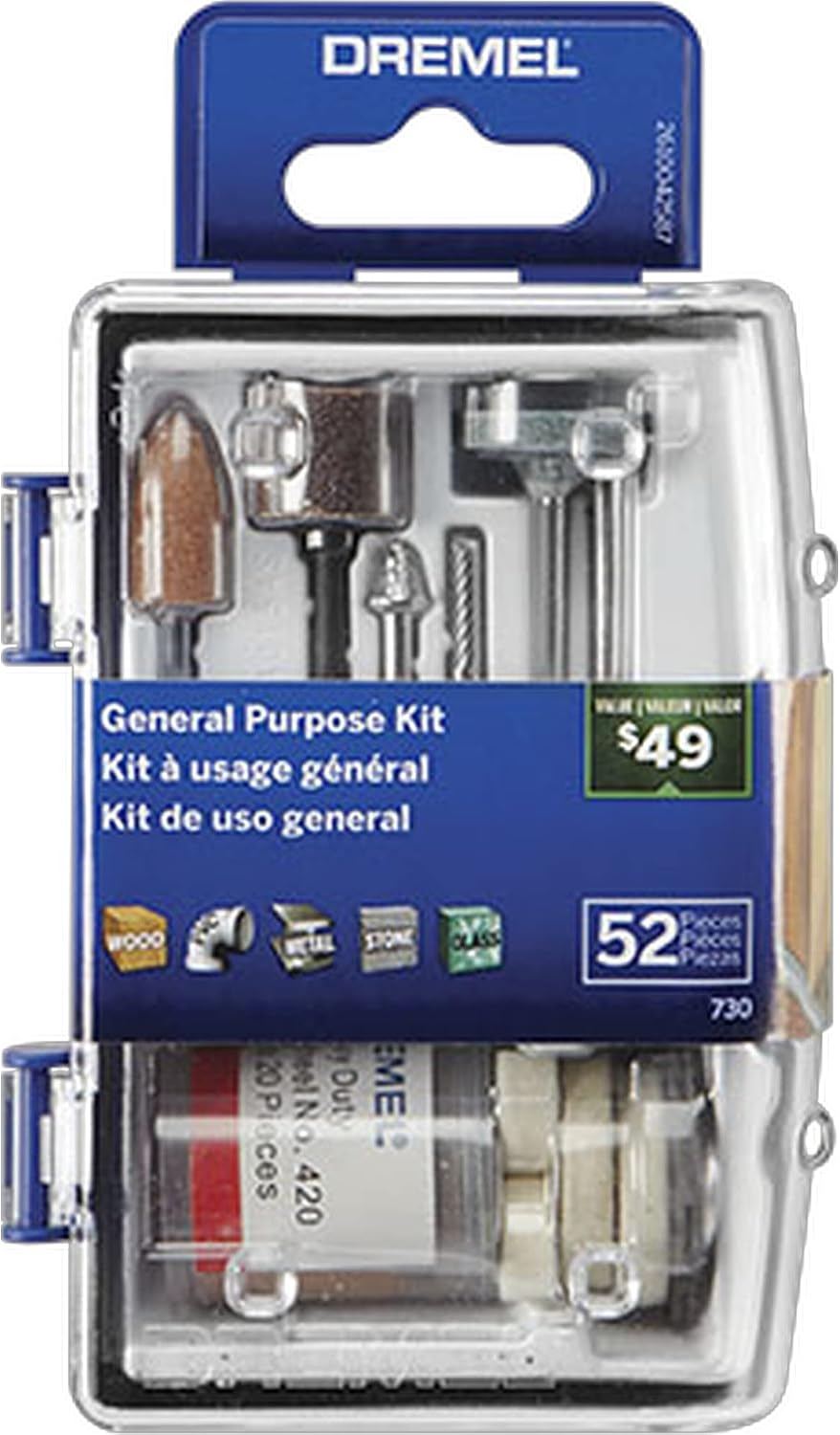 Dremel 730-01 All-Purpose Rotary Tool Accessories Kit - 52 Piece Assorted Set- Includes a Carving Bit, Sanding Drums, Grinding Stones, Cutting Discs, and a Storage Case