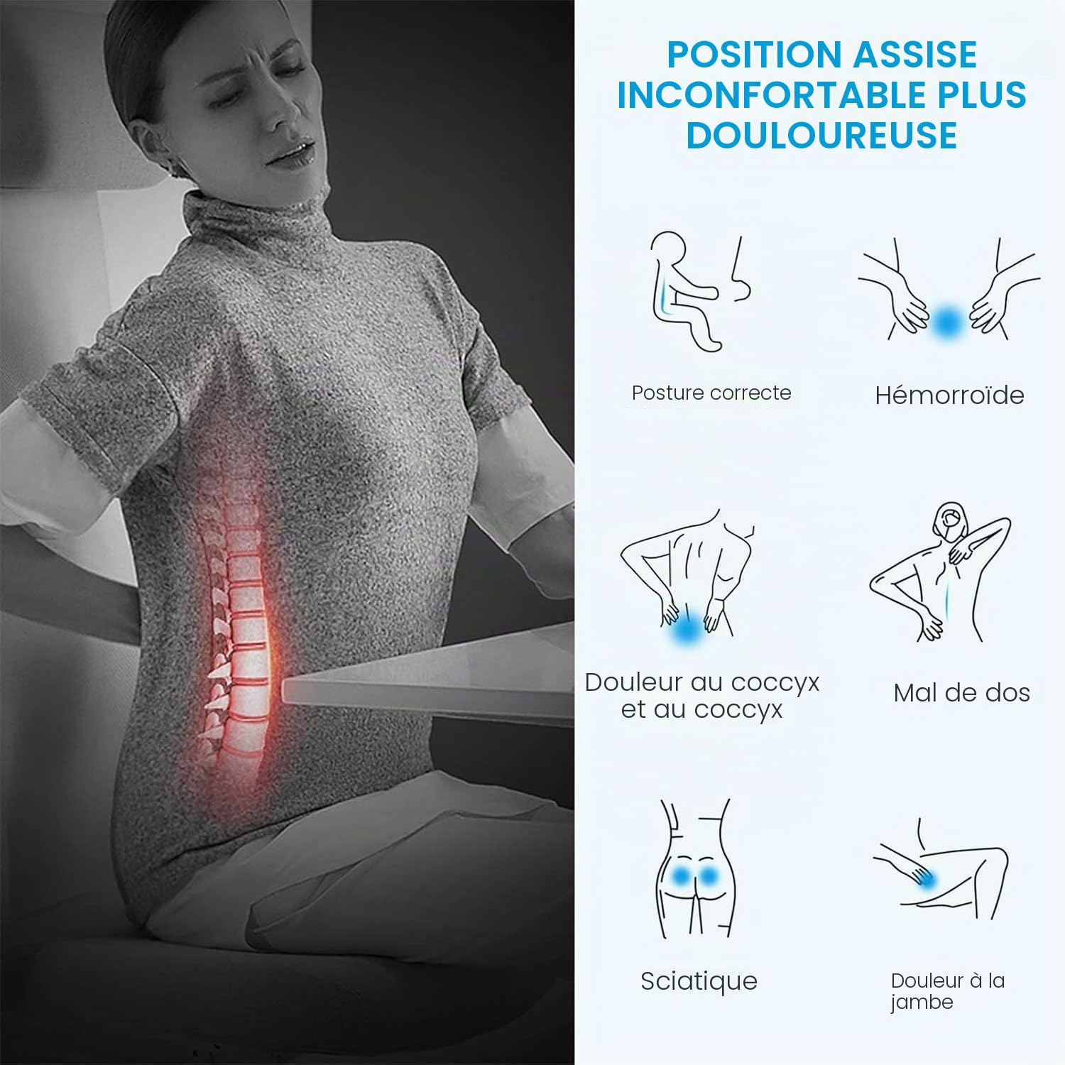 Feagar Coussin de Chaises en Mousse à Mémoire - Coussin Coccyx Ergonomique pour Siège Voiture Auto Conducteur Fauteil Bureau Fauteuil Roulant,Coussin Sciatique,Coussin d Assise,Noir