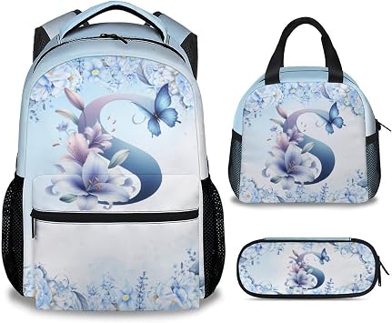 School Backpack for Girls, Butterfly Backpacks, Butterfly Bookbags Initial School Bag for Kids, 17 Inch Monogram Bookbag with Lunch Box and Pencil Case Letter S