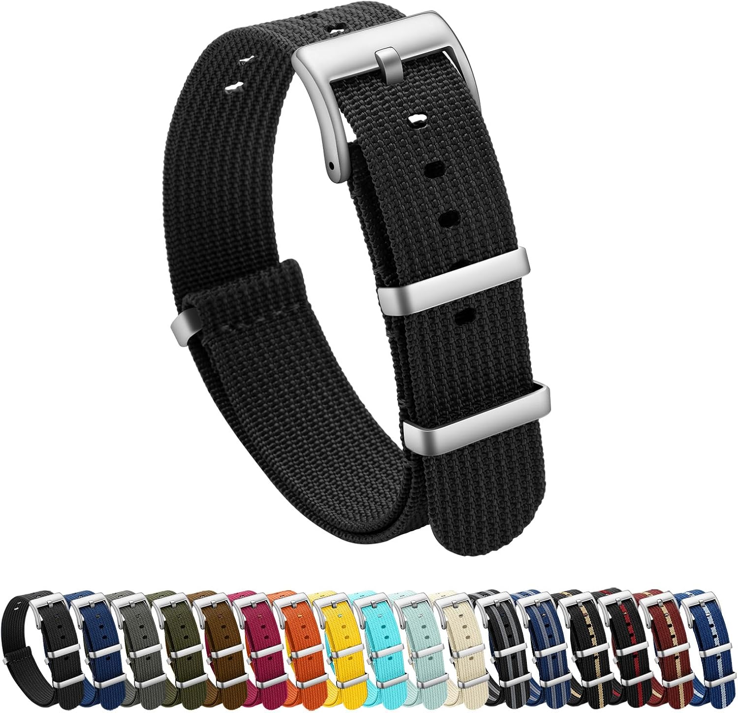 Nylon Watch Band 20mm 22mm, Single Pass Military Watch Strap for Men Women, Ribbed Ballistic One Piece Fabric Canvas Sport Strap, Stainless Steel Buckle Replacement