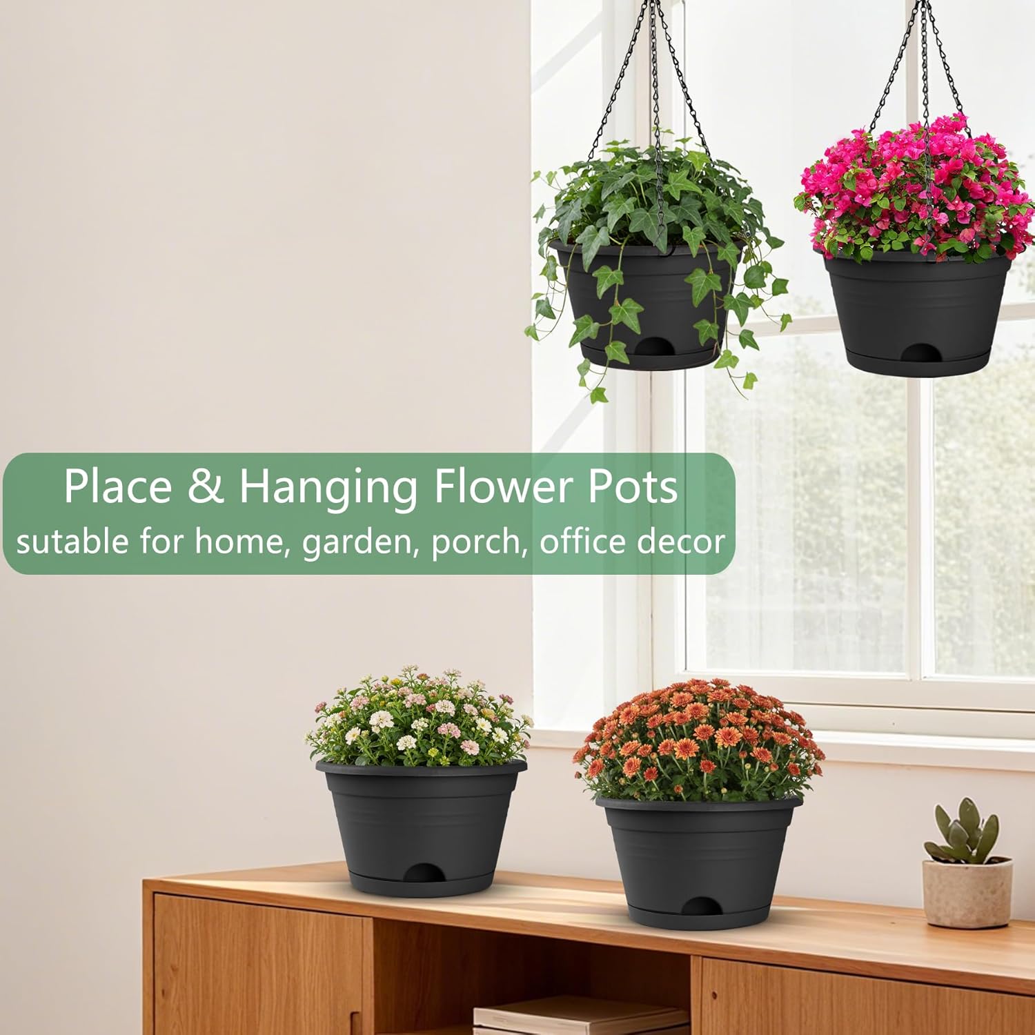 6 Pack Hanging Planters, 10 Inch Plant Pot with Hanger Chain & Drainage Trays, Hanging Baskets for Plants Outdoor Indoor, Hanging Flowers, Vegetables, Herbs (Black-6 Pack, 10 inch)