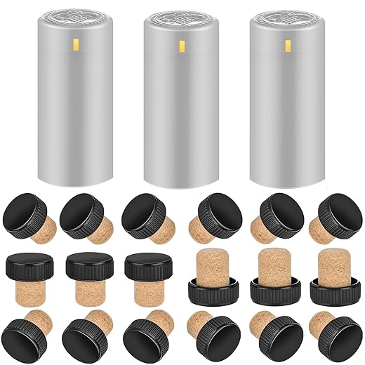 PVC Heat Shrink Capsules - 40 Count Silvery & Wine Bottle Cork Stoppers - Wine Preservation Set for Cruise & Cellar