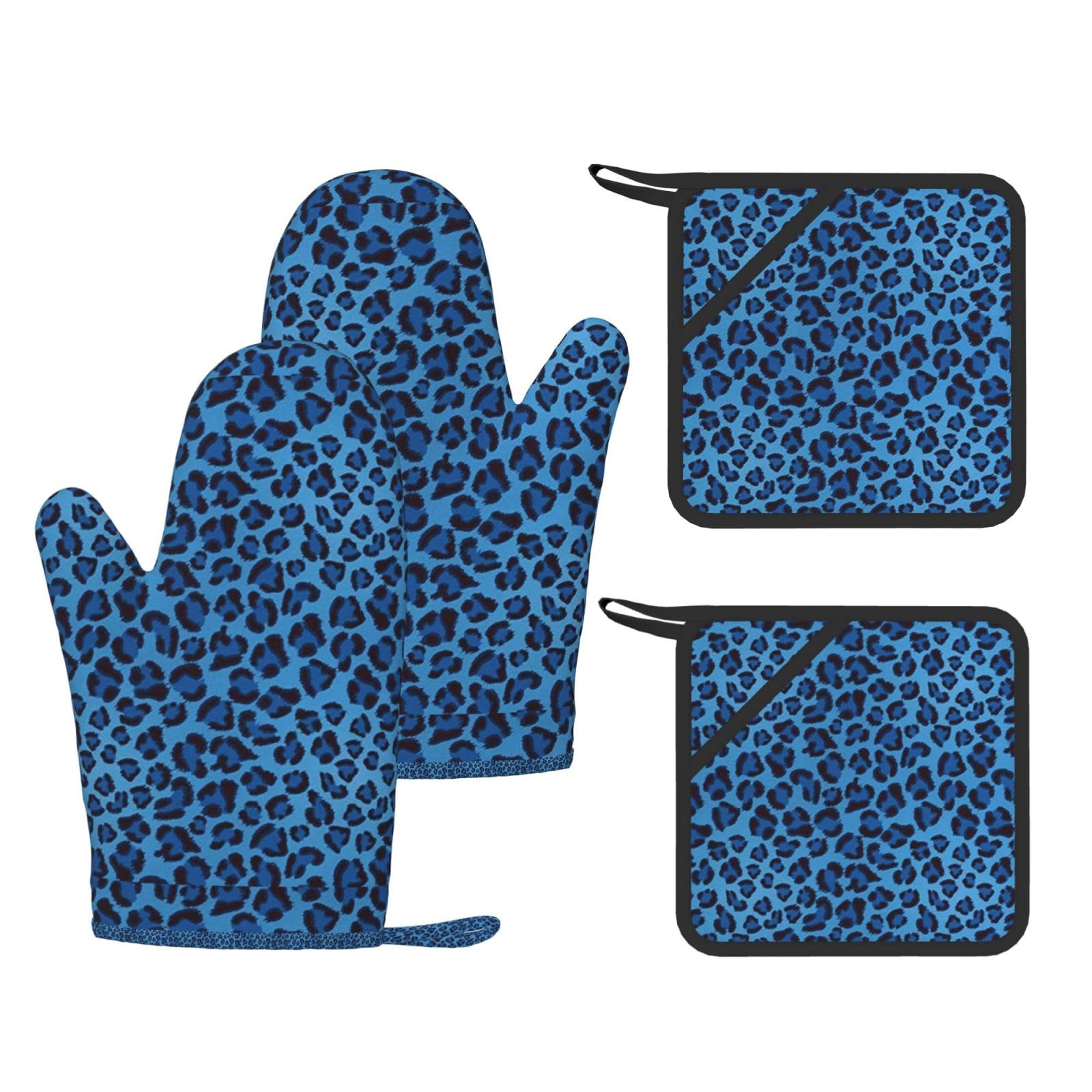 Ensemble de Quatre Gants et maniques résistants à la Chaleur, Gants de Cuisine antidérapants, maniques de Four, Motif léopard.