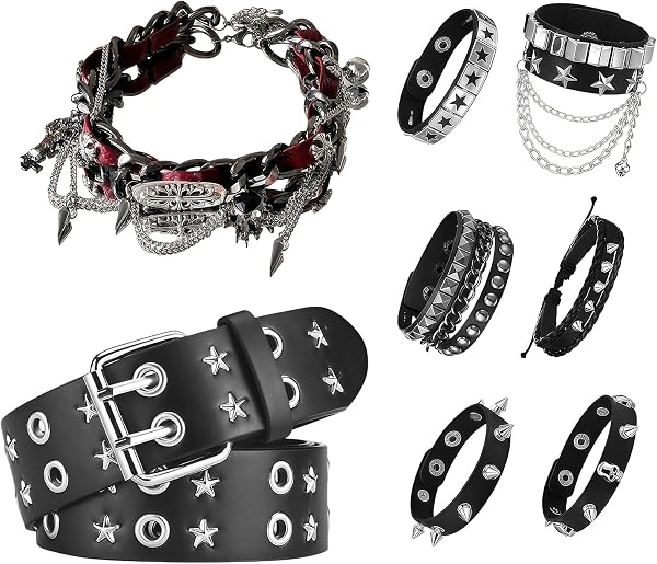 Tastetreasure 8-tlg. Y2K Goth Accessoires Set, Punk Choker mit Herz-Anhänger, Doppelloch Stern Gürtel & 6 Stk. Nietene für Damen Herren, Emo Grunge Schmuck für Halloween Party & Cosplay - 1
