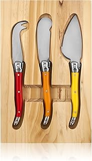 True Sunnyside Cheese Knives, Set of 3 Stainless Steel and Enamel Tools, Includes Wood Storage and Cheese Tray, Entertaining Gift Set