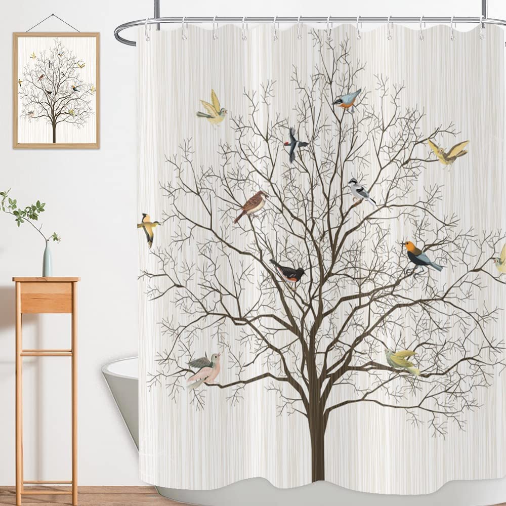 Yeele Bird Shower Curtain Beige Shower Curtain with Birds Boho Shower Curtain for Bathroom Waterproof Fabric Fallen Leaf Shower Curtains Cartoon Kids Curtain Bathroom Decor,72x72in