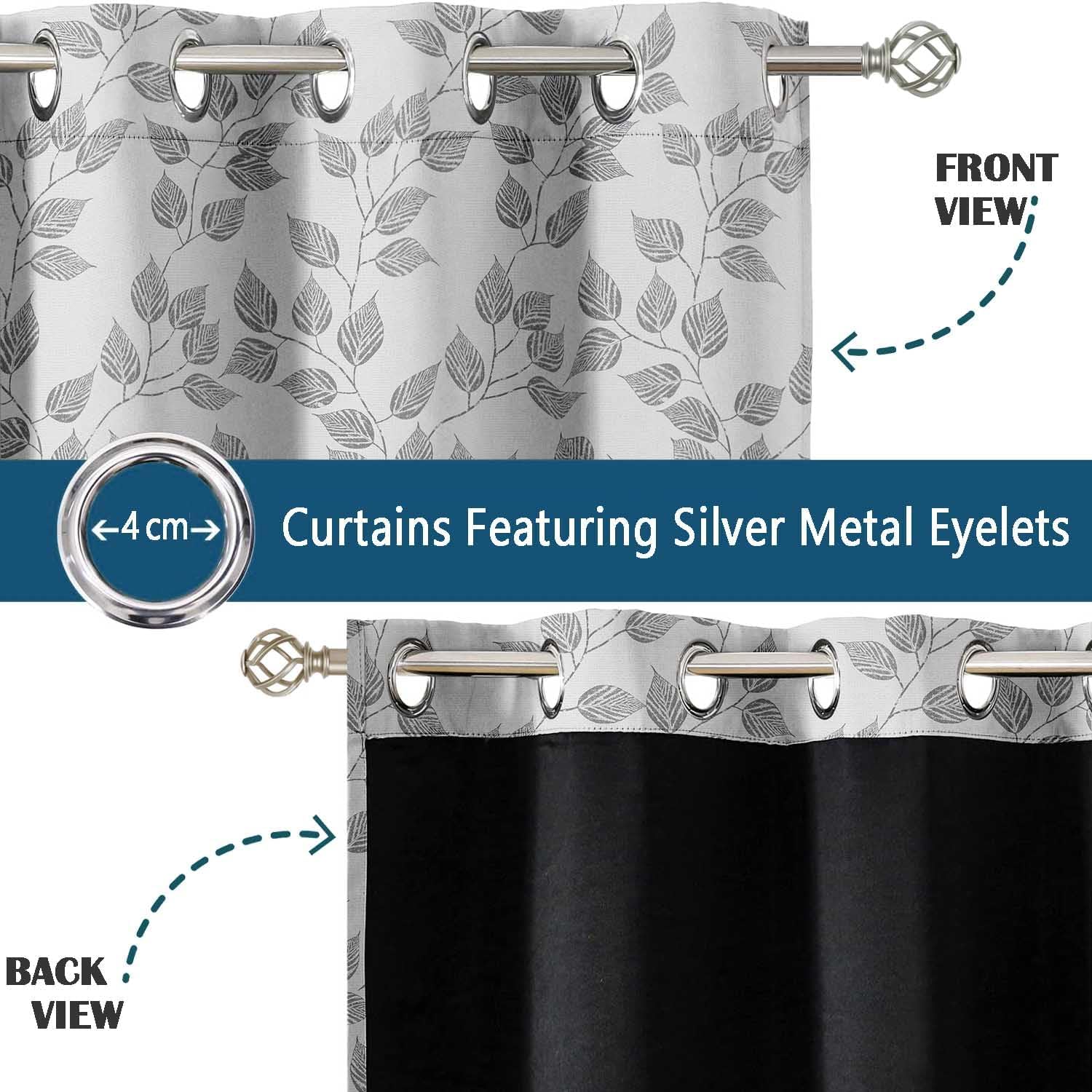Printed Blackout Curtains - Gray Leaf Trail Design, Set of 2 Panels, 42 x 63 Inches - Room Darkening, Thermal Insulated Window/Door Drapes with Grommets
