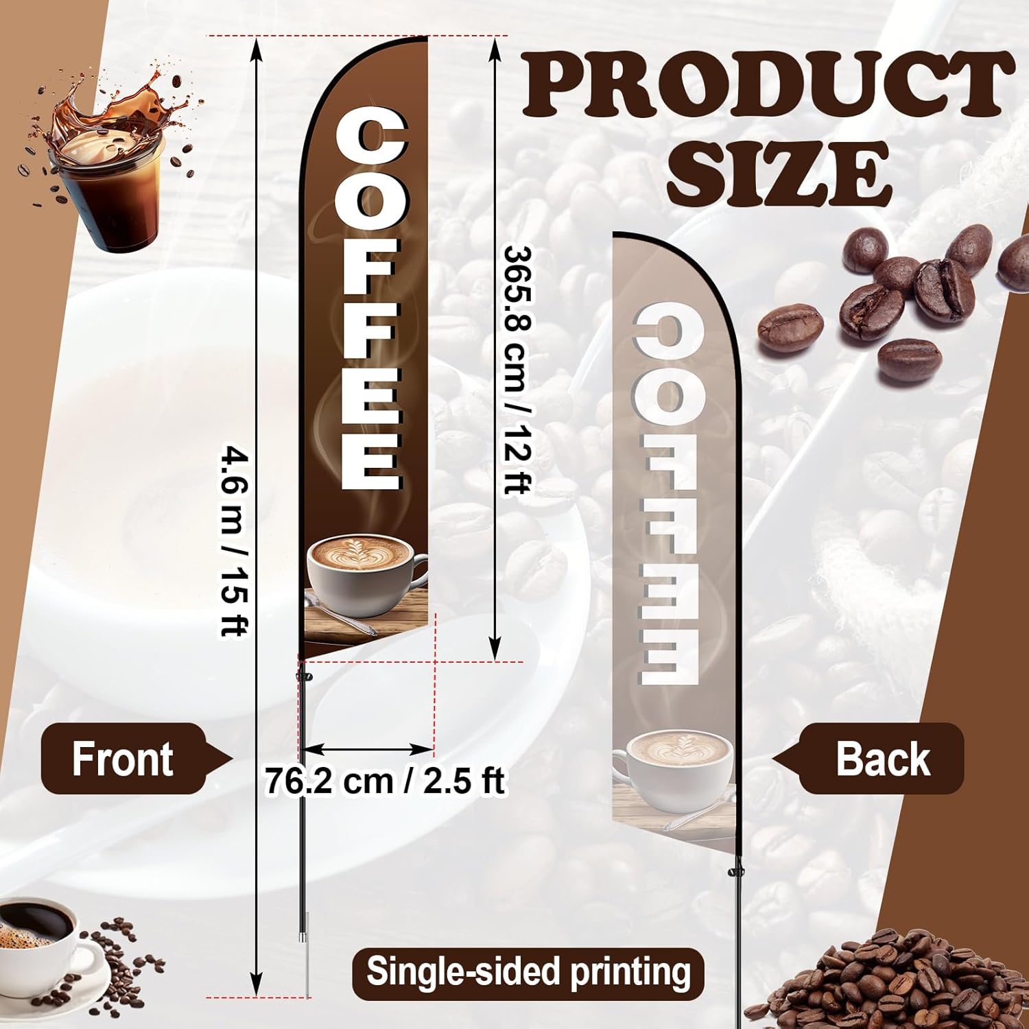 Remagr 2 Pcs 15 ft Coffee Feather Flag Coffee Advertising Swooper Banner with Pole and Ground Stake Windless Shop Sign Tall for Outdoor Business Advertising
