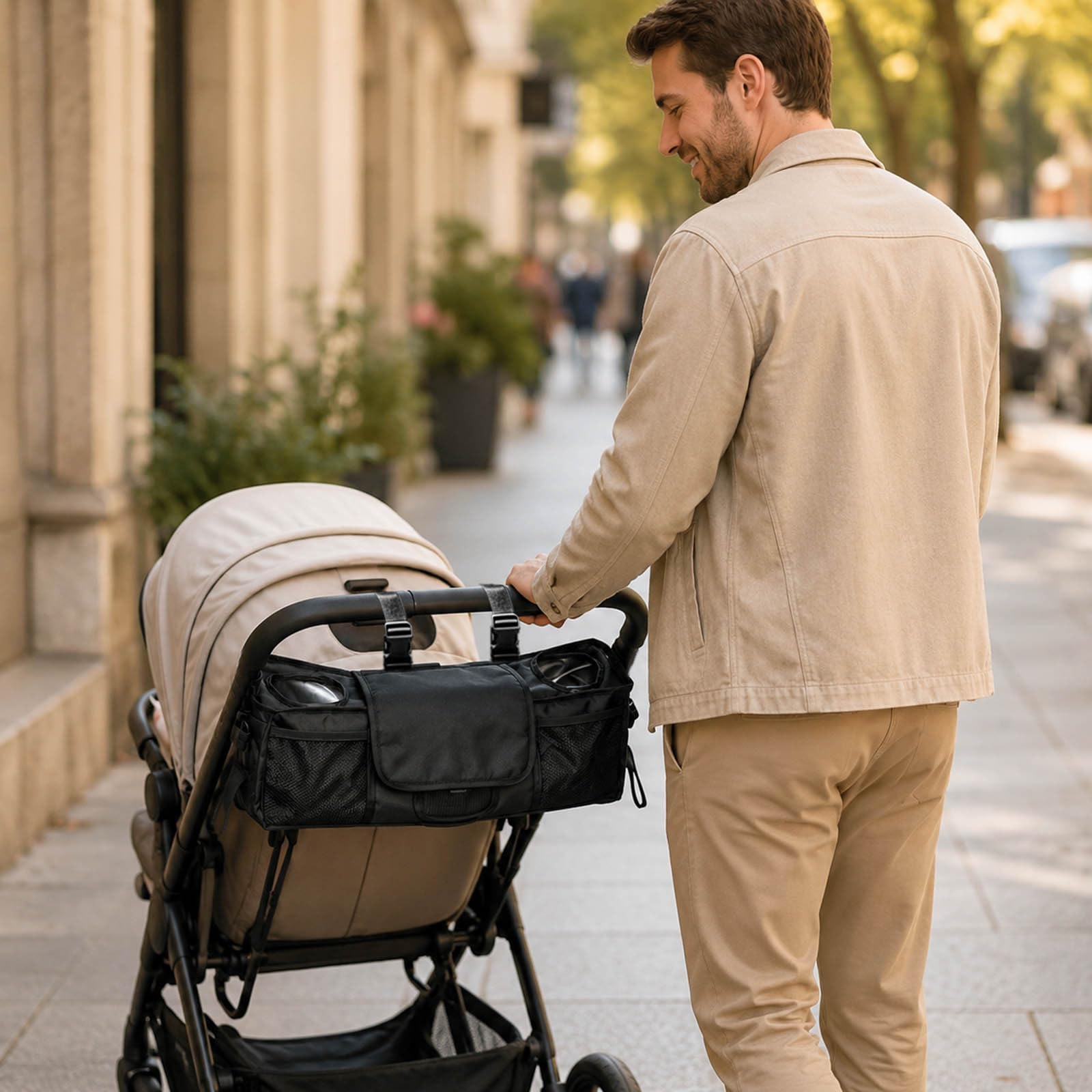 Porte-gobelet double pour poussette - Organiseur étanche spacieux avec 3 compartiments - Organiseur pour poussette de bébé - Pour voyage, usage quotidien, bébé, parents (2)