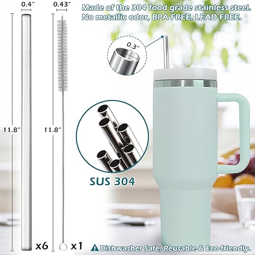 Miniatura 2 de Paquete de 6 popotes reutilizables con cepillo de limpieza, popotes largos de repuesto compatibles con vaso Stanley de 40 onzas y 30 onzas, metal,