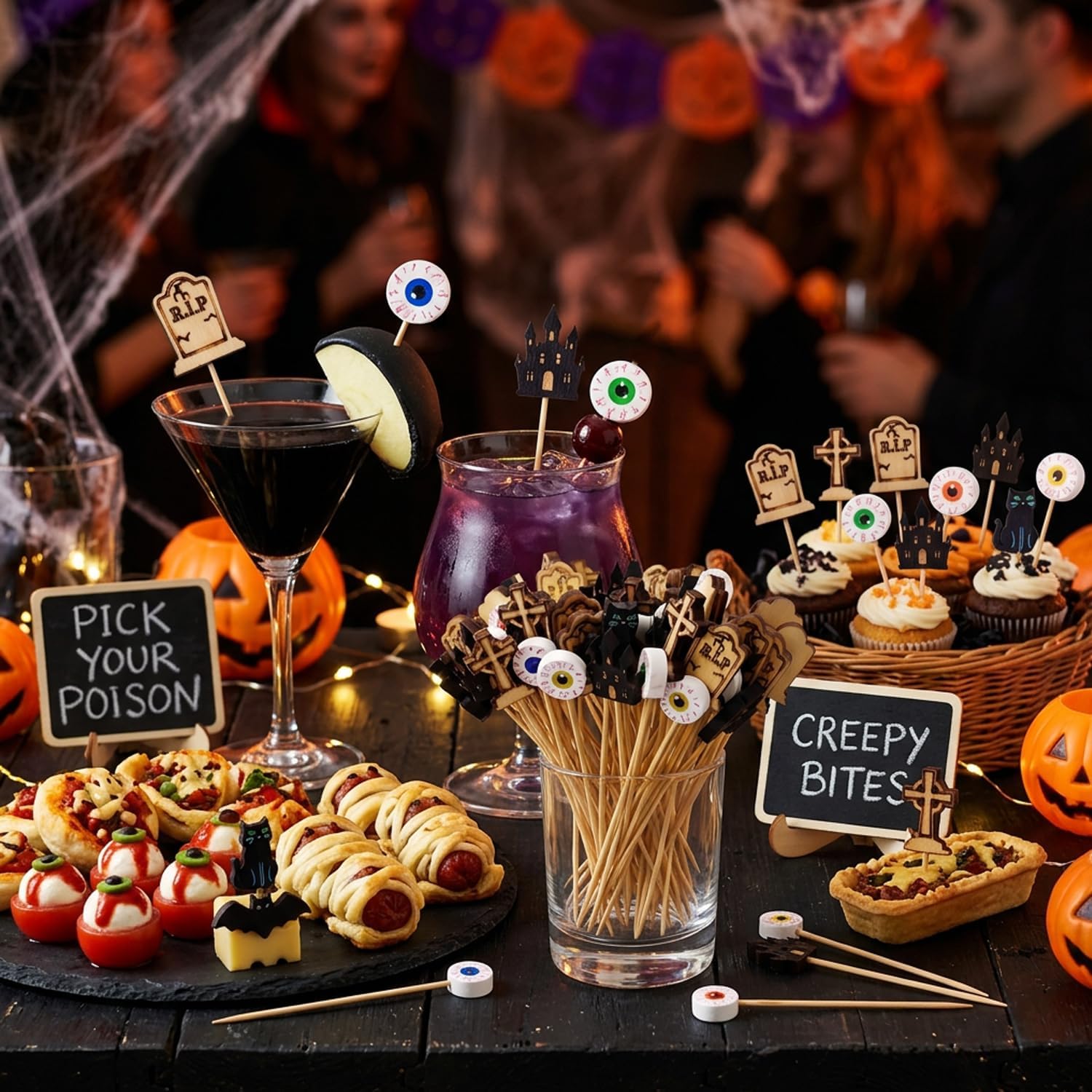 100pcs Halloween Cocktail Picks Eyeball Tombstone Castle Party Toothpicks