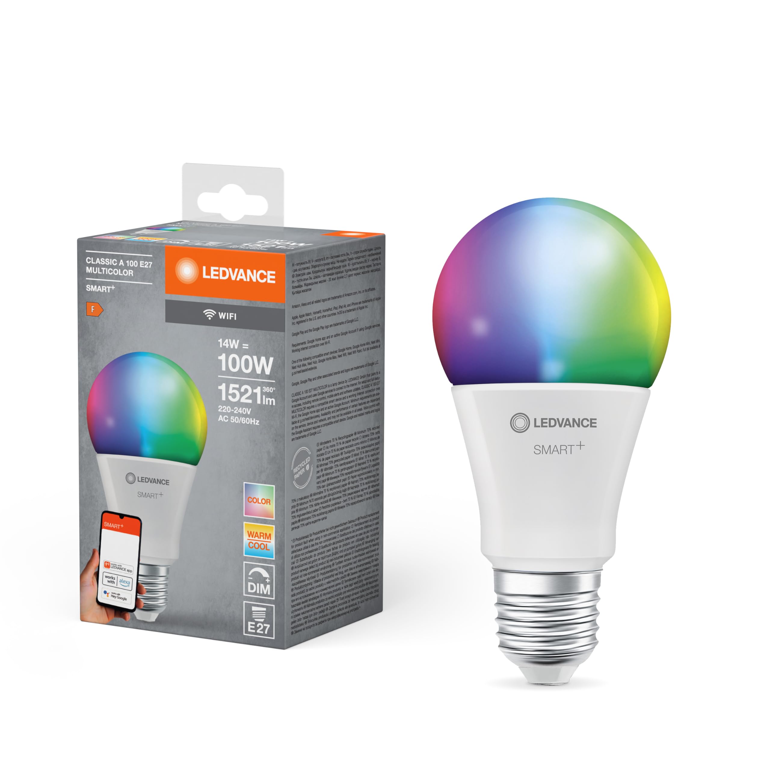 LEDVANCE SMART+ WIFI LED lamp, frosted look, 14W, 1521lm, classic bulb shape with E27 base, color light and white light, app or voice control, life of up to 20,000 HR, paquete de 4