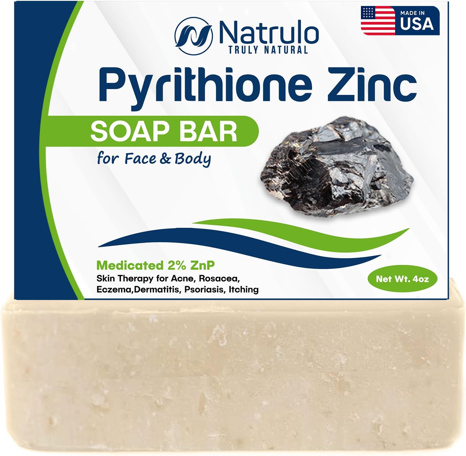 Pyrithione Zinc Soap Bar for Face & Body, 4oz | Medicated 2% ZnP Bar Soap Skin Therapy Cleanser for Acne, Rosacea, Eczema, Dermatitis, Psoriasis, Itching | Cleansing, Calming Facial Wash Made in USA