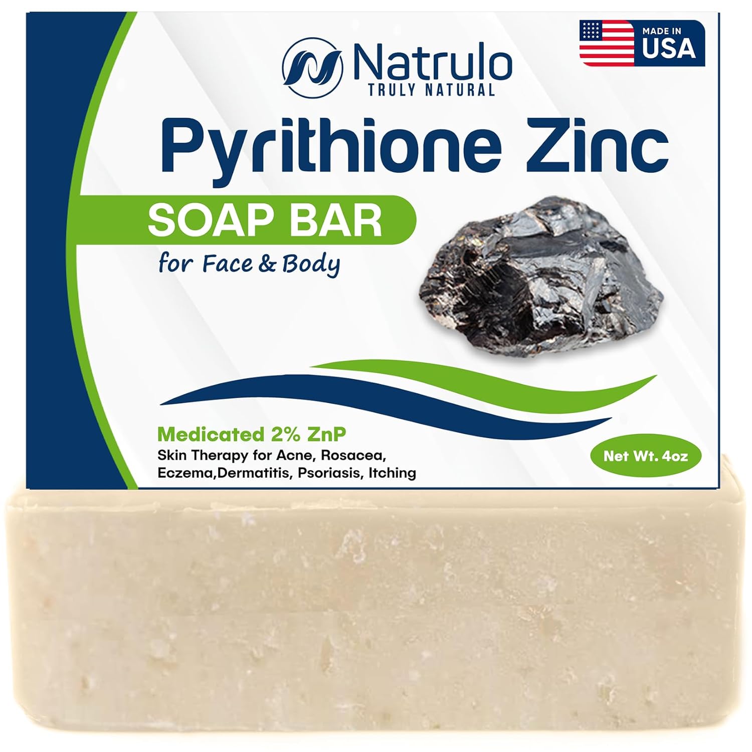Pyrithione Zinc Soap Bar for Face & Body, 4oz | Medicated 2% ZnP Bar Soap Skin Therapy Cleanser for Acne, Rosacea, Eczema, Dermatitis, Psoriasis, Itching | Cleansing, Calming Facial Wash Made in USA - Amazon product rated Grade A
