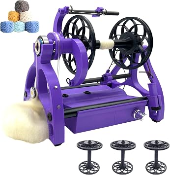 Electric Yarn Spinner Winder Spinning Wheel for Wool with 3 Bobbins, Small Yarn Winder with Forward & Reverse, Free Speed Adjustable Purple