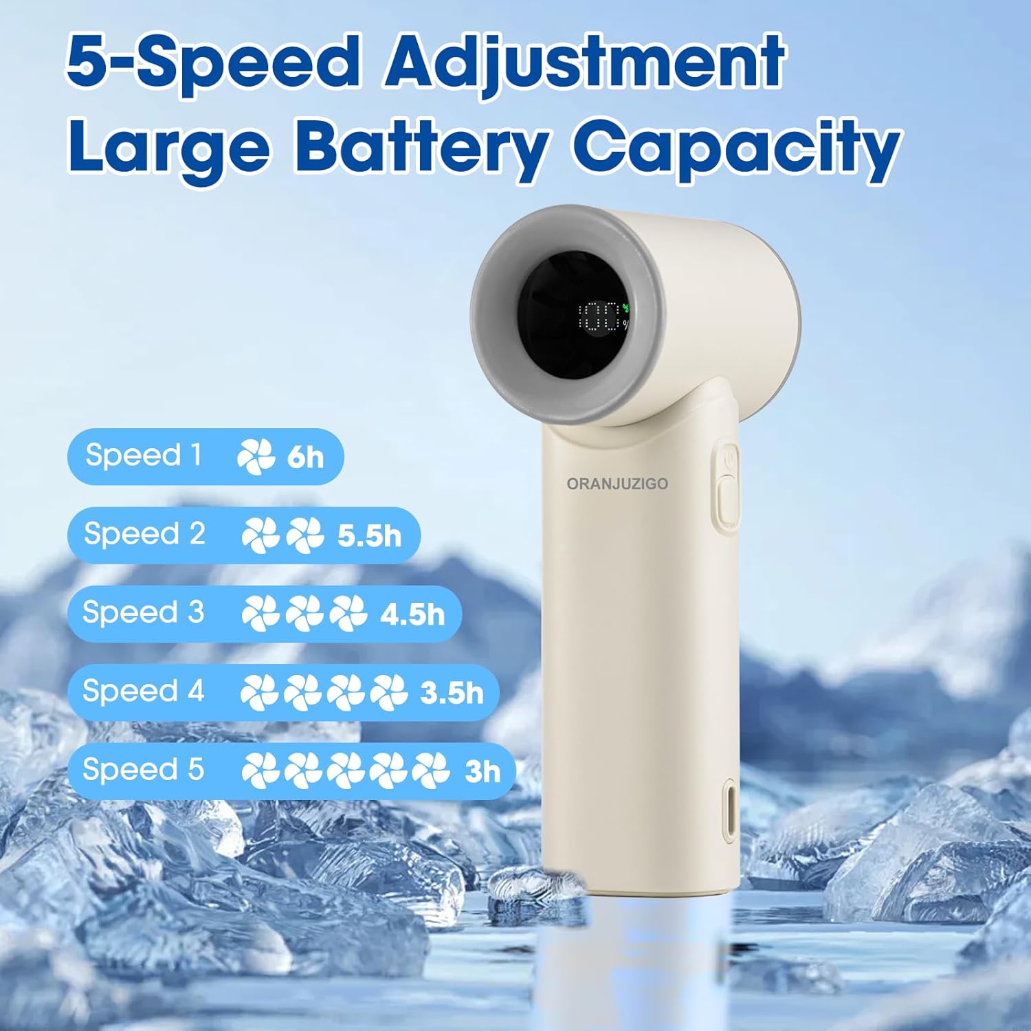 Mini portable fan with USB Rechargeable Battery,Portable Personal Cooling Fan with LED Digital Display Lightweight and Handheld Mini Fan 5 Speed Adjustable for Travel, Office, Outdoor and Home (Beige)