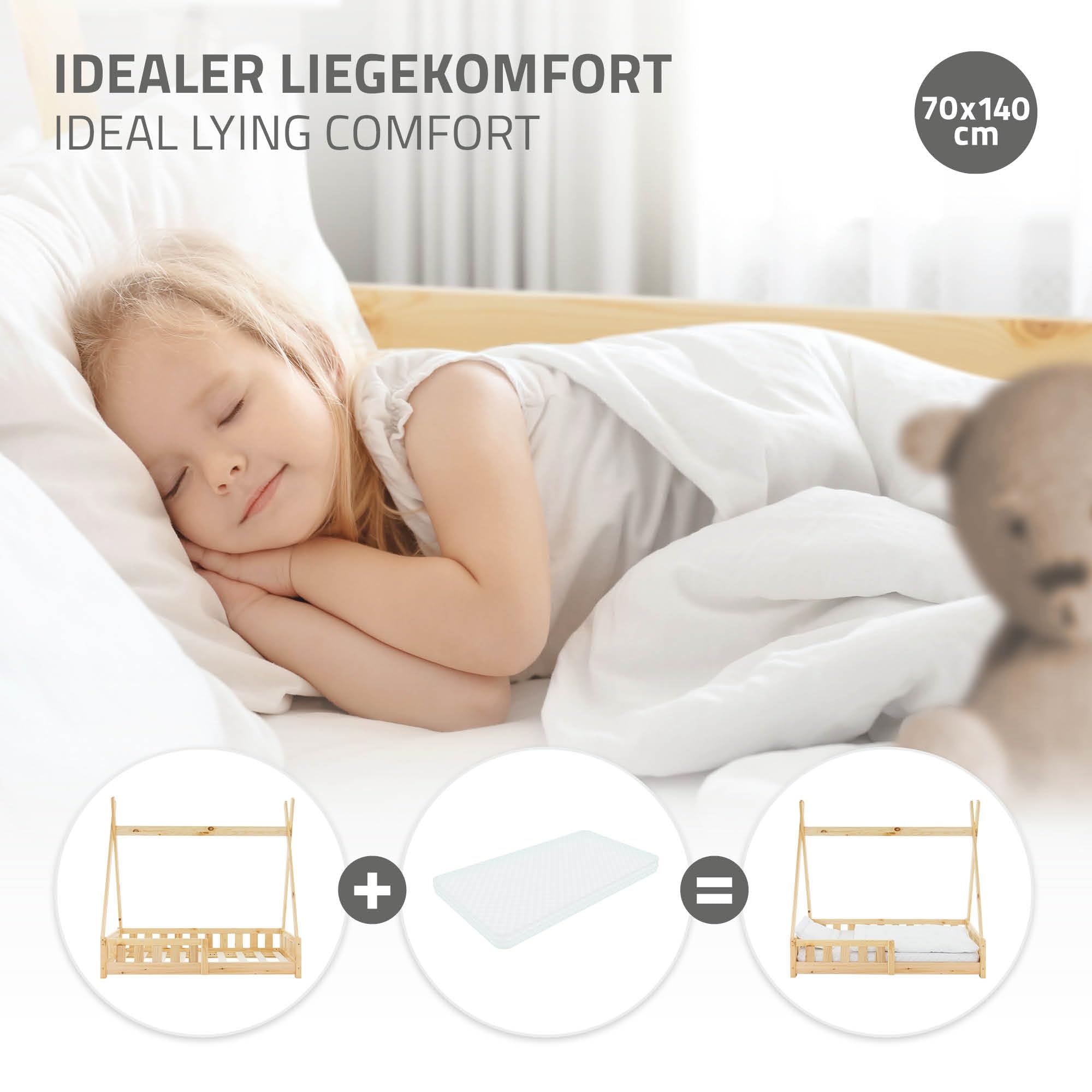 ML-Design Kinderbett Tipi 70x140 cm Natur mit Rausfallschutz und Lattenrost, Indianer Bett aus Kiefernholz für Mädchen & Jungen, Hausbett mit Zaun, Kinderhaus Bodenbett Jugendbett Spielbett Zelt