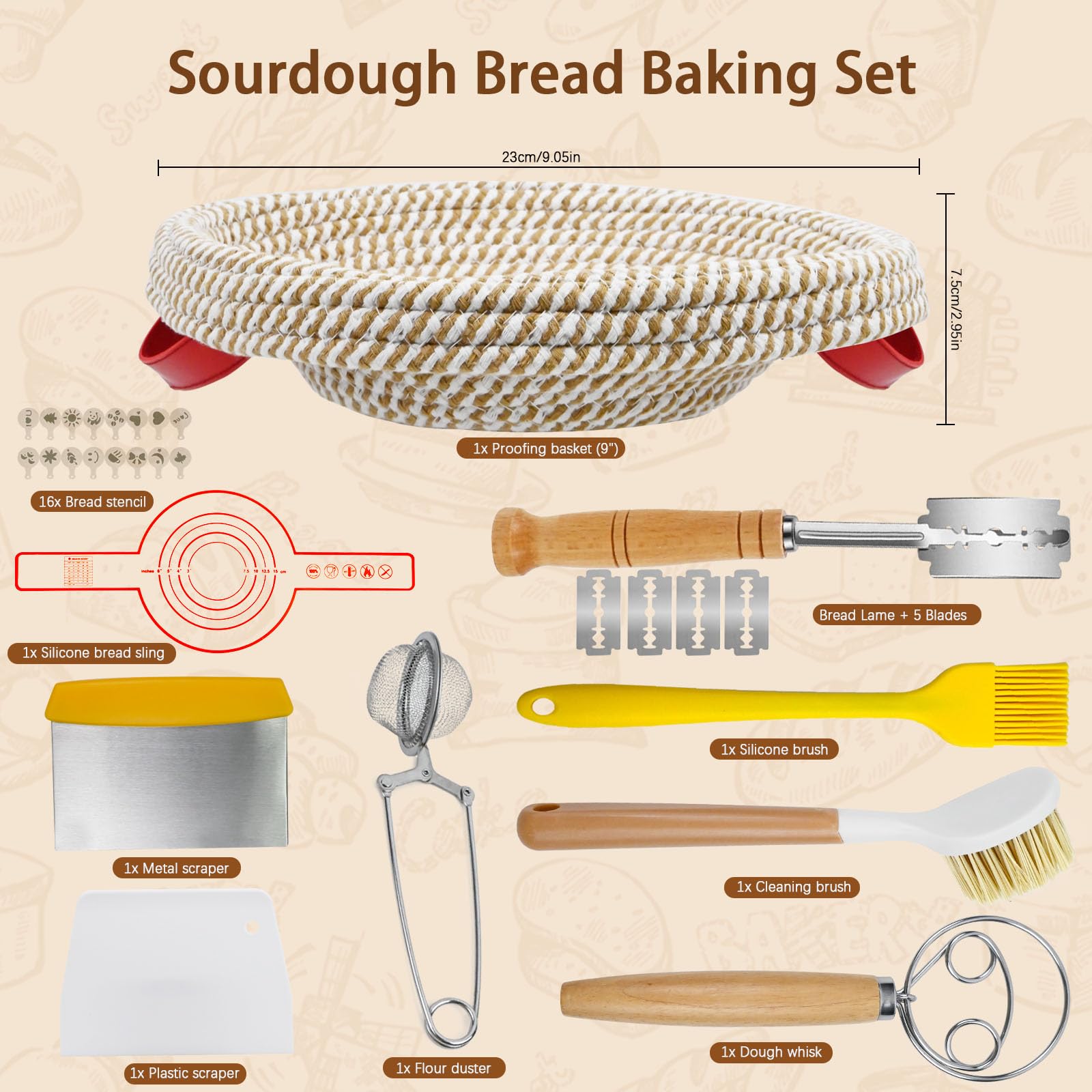Banneton pour Pain 23cm, 27 Pièces Paniers à Pain Ronds Set avec Grattoir à Pâte, Mélangeur à Pâte, Brosse, Kit de Démarrage de Sourdough pour Débutants, Passionnés de Pâtisserie