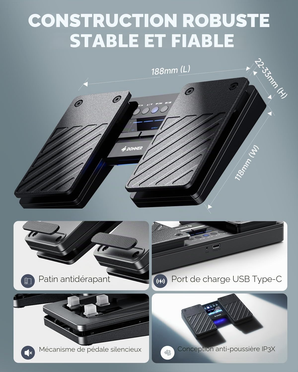 Donner Wireless Page Turner Pedal, Pédale sans fil Bluetooth pour iPad, tablettes et téléphones, pédale au pied, noire
