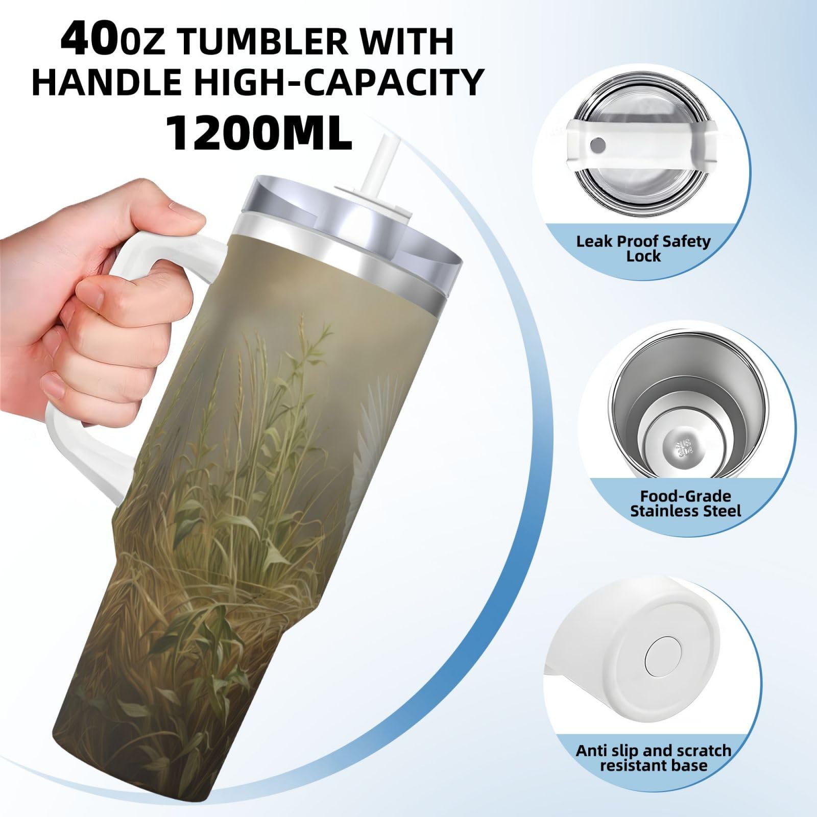 Grass and Dove Wasserflasche aus Edelstahl, doppelwandig, isoliert, mit Griff und Strohhalm-Deckel, 1,2 l