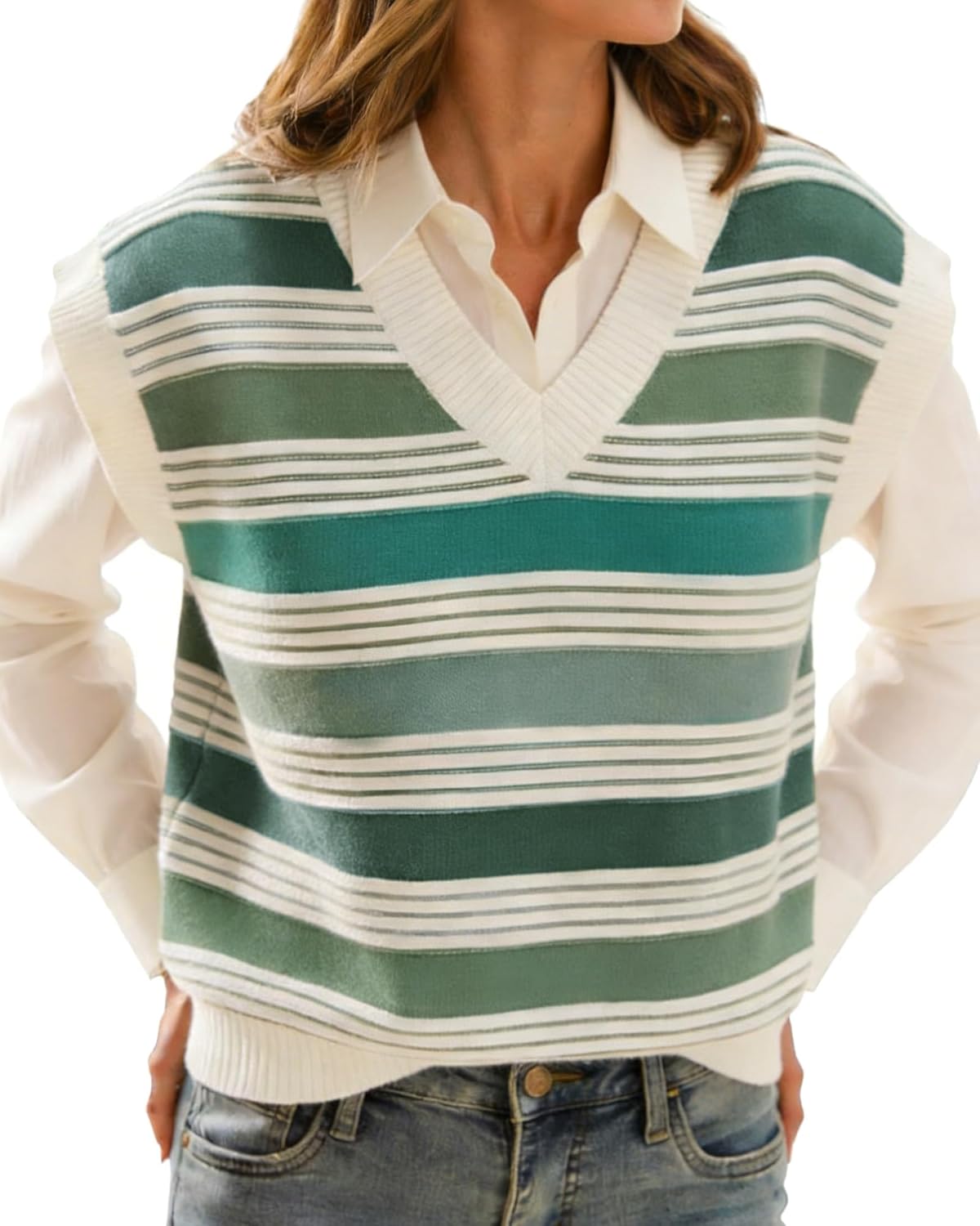 Womens Cap Sleeve Sweater Vest Striped Color Block V Neck Sleeveless Tank Top Loose Summer Sweater Vest Tops