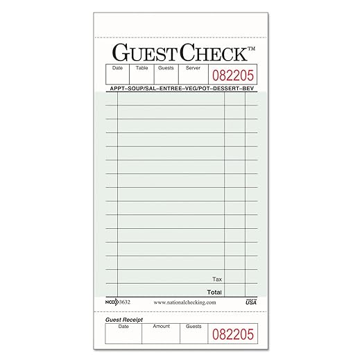 National Checking NTC G3632 Guest Check Pad with Customer Receipt Stub, 3 1/2" Width x 6 3/4" Height, 50 Checks/Pad (Pack of 50)
