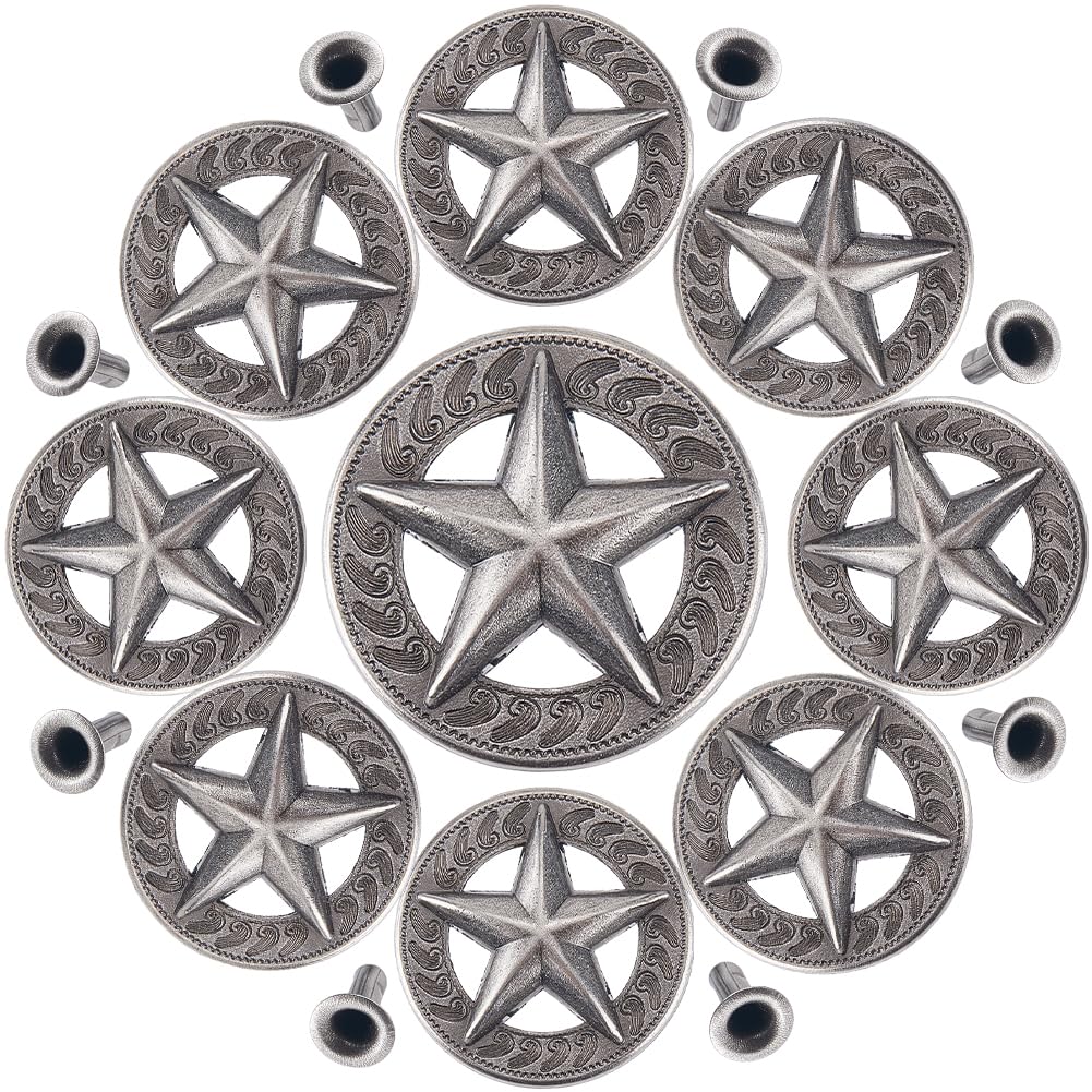 GORGECRAFT 1 Box 10 Sets Star Screw Back Buttons 32mm Pentagram Shape Antique Silver Metal Carving Conchos Castings with Rivets Round Decorative Leather Ornament for Wallets Belts Vests Bags Crafts
