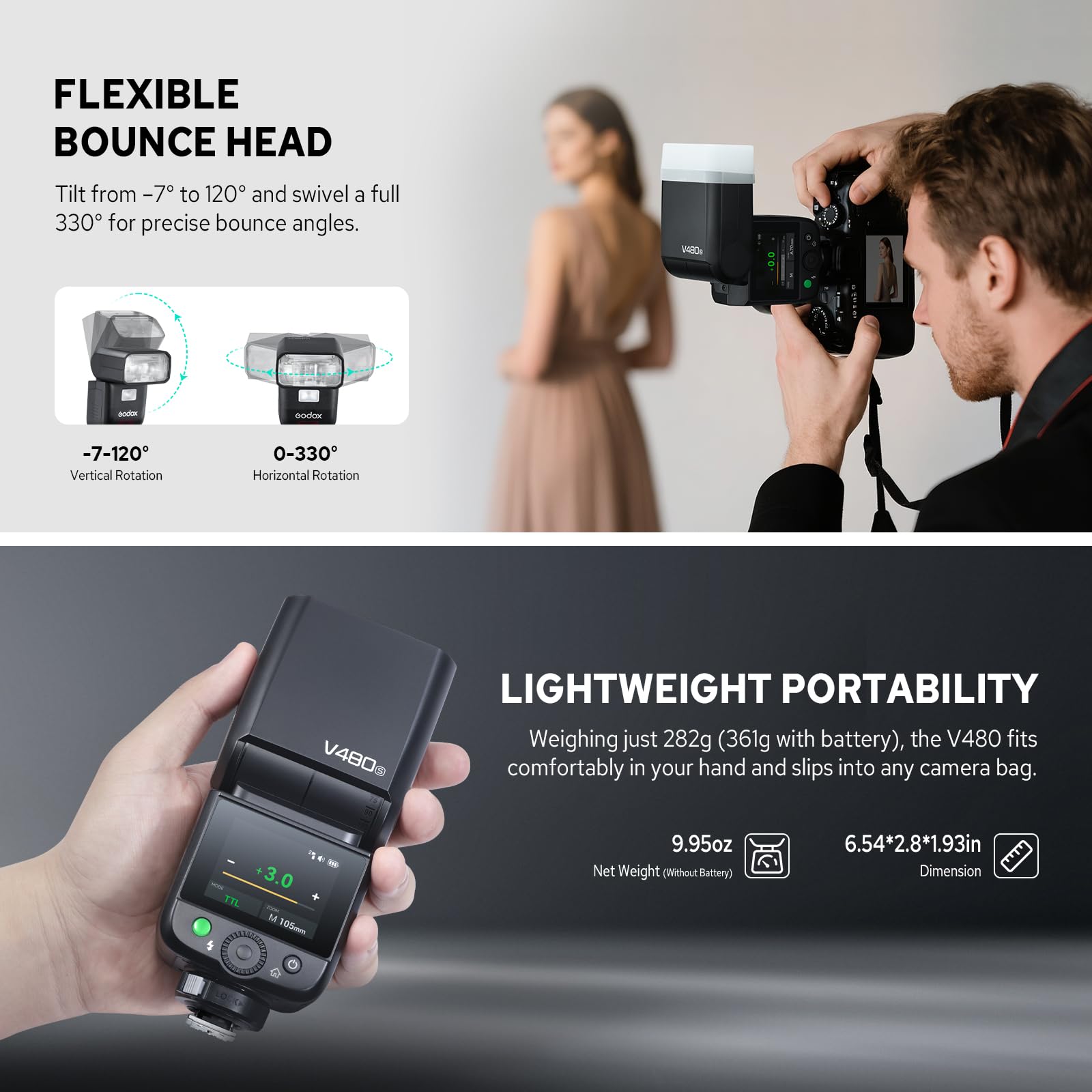 Godox V480S TTL Kamerablitz für Sony Kamera, Touchscreen Flexible Jump Head Diffuser GN50 HSS 1/8000s, bis zu 650 voller Leistung blinkt nur 1,7 Sekunden (V480S for Sony)