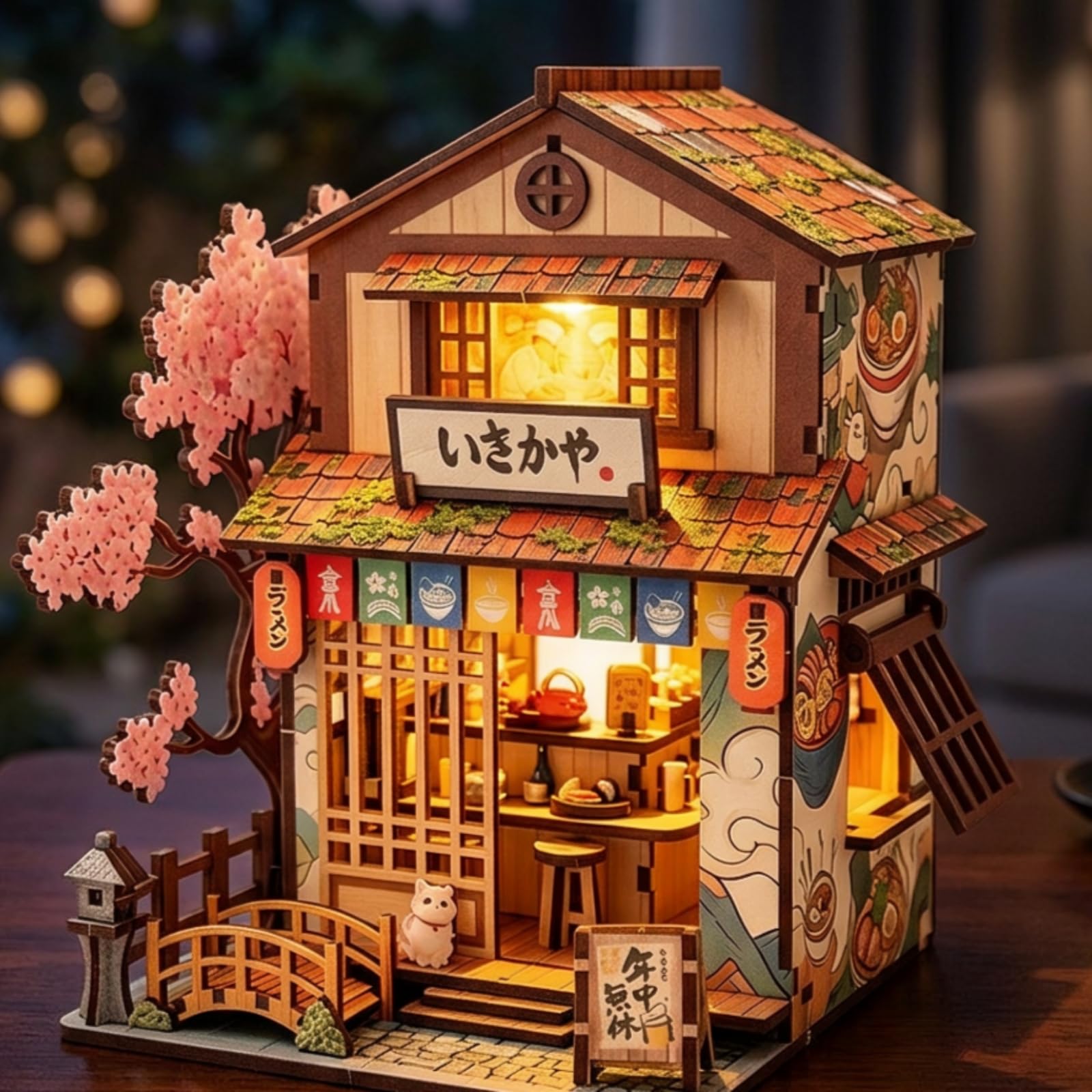 Miniatura Edificio Blocchi Costruzione Kit Modello Casa Vetrina Decorazione Tavolo Luce Calda Legno con Tetto a Strati Finestra E Porta a Insegna