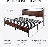 Vista 2 de SHA CERLIN Base de cama tamaño King con cabecera y pie de cama de madera, estructura de metal con esquinas redondeadas, listones de servicio pesado