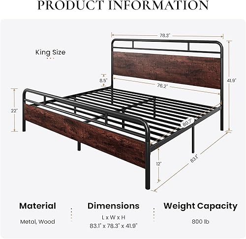 Miniatura 2 de SHA CERLIN Base de cama tamaño King con cabecera y pie de cama de madera, estructura de metal con esquinas redondeadas, listones de servicio pesado