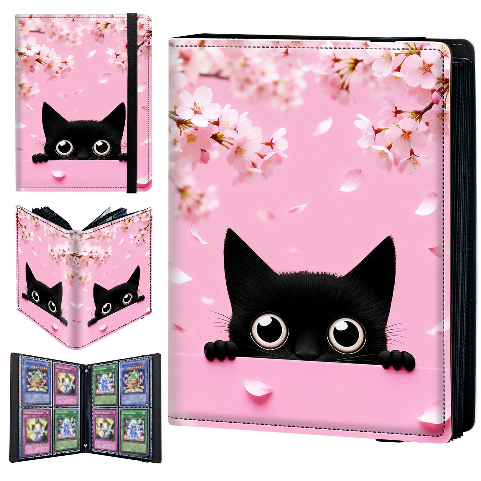 4 Pocket Trading Card Binder 160 Side Loading Pocket Album with Pink Cherry Blossoms and Cat Pattern Design Card Binder for Sports Cards & Game Cards