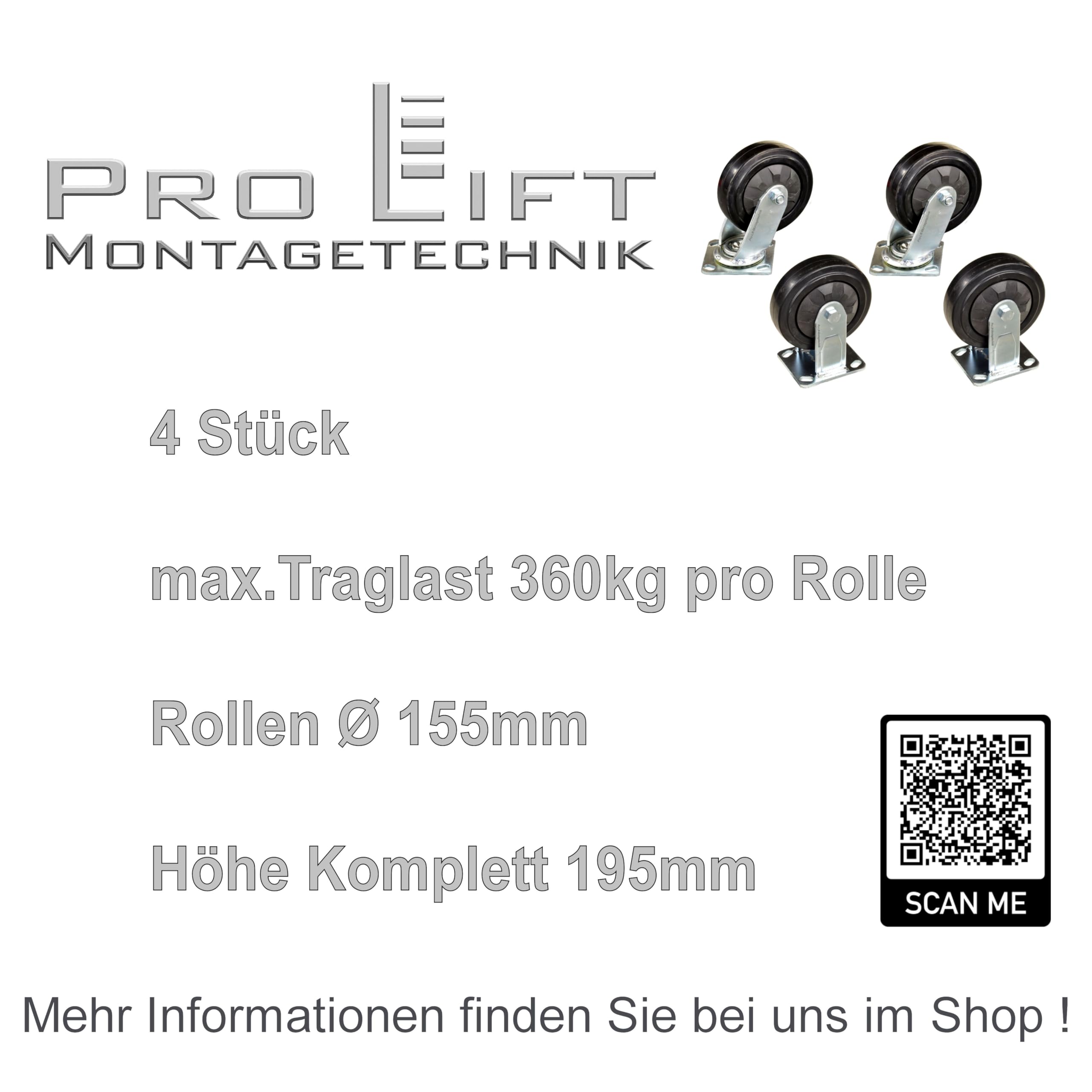 4 Stück: je 360kg Schwerlastrollen, 2 Lenkrollen + 2 Bockrollen, 01676
