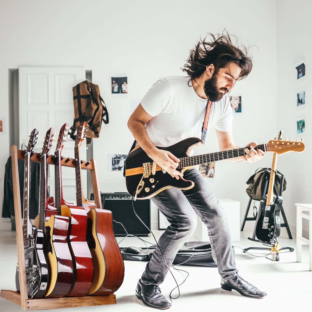 Supporto per chitarra,supporto per chitarra multiplo in legno,Hilerpunk,supporto da pavimento per chitarra con slot per plettri in feltro e pali in legno schiuma regolabili