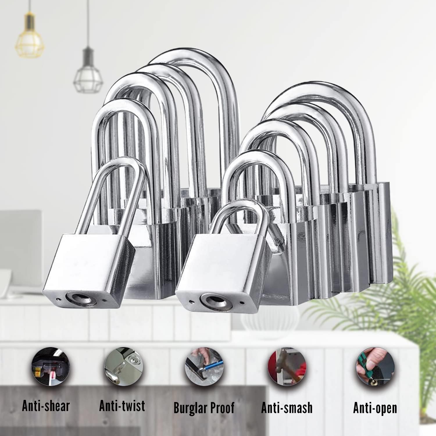 1pcs Chromium Plated Steel Medium Keyed Padlock Anti Rust Lock Waterproof Padlock with 4 Keys for Cabinets Drawers Outdoor Use 1.57 inch Wide Steel Body Shackle Silver Keyed Different